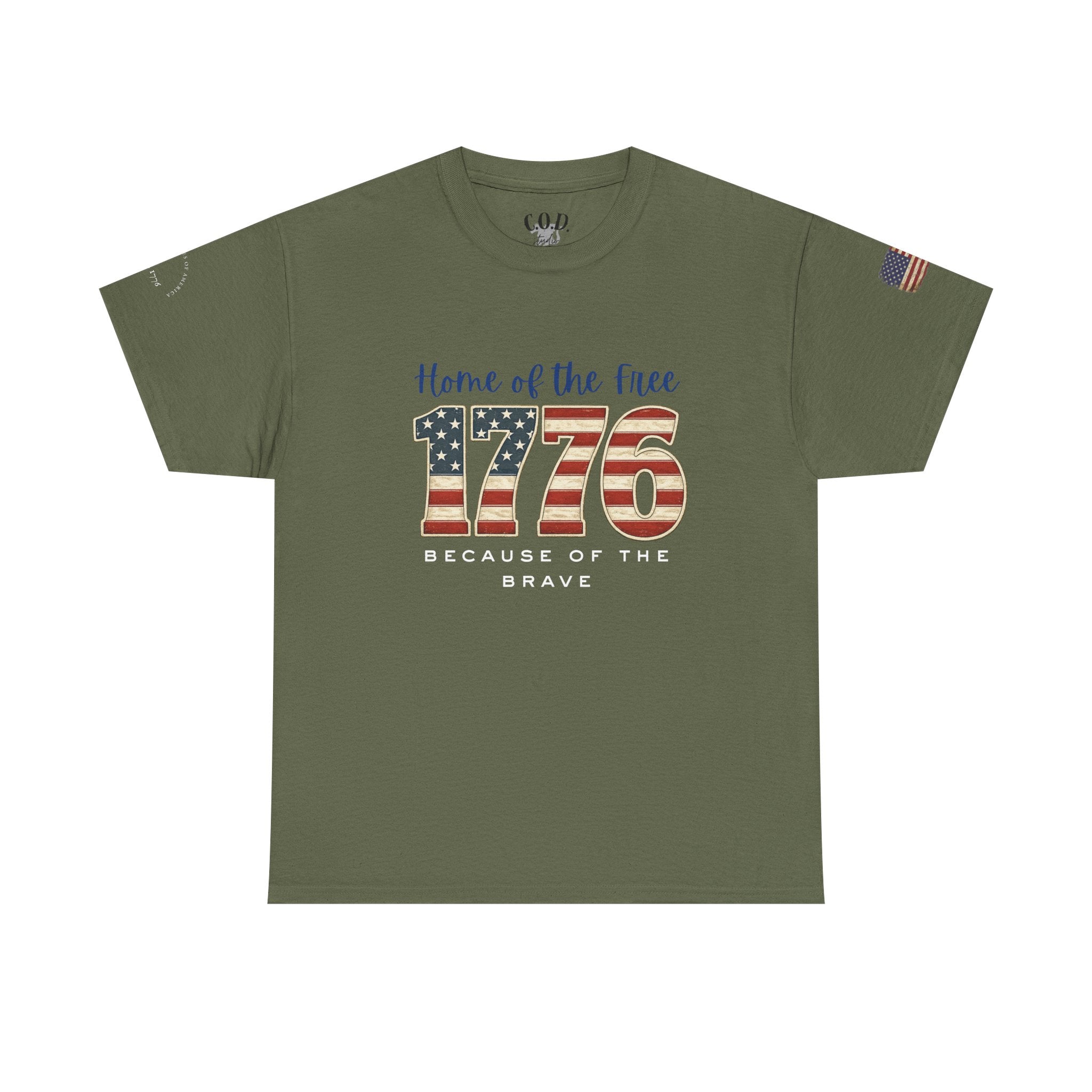 1776 American Flag Tee — "Home of the Free, Because of the Brave" Patriotic T-Shirt