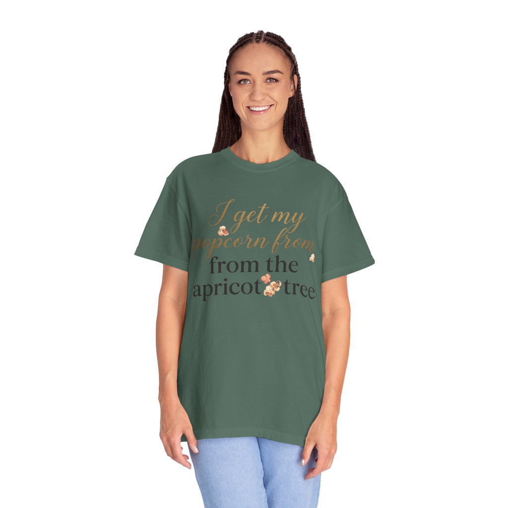 T-Shirt — “I Get My Popcorn From The Apricot Tree” Script Graphic Tee | Hymns | LDS |