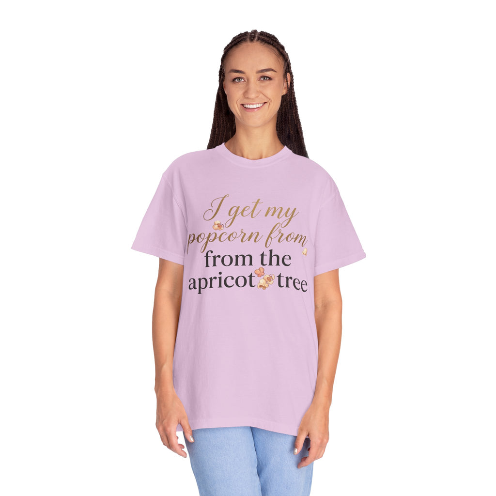 T-Shirt — “I Get My Popcorn From The Apricot Tree” Script Graphic Tee | Hymns | LDS |