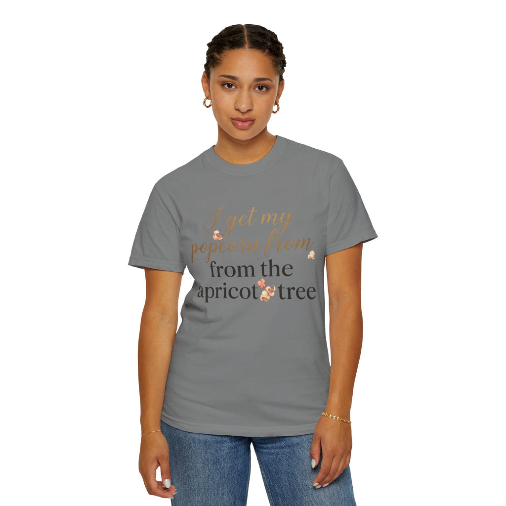 T-Shirt — “I Get My Popcorn From The Apricot Tree” Script Graphic Tee | Hymns | LDS |