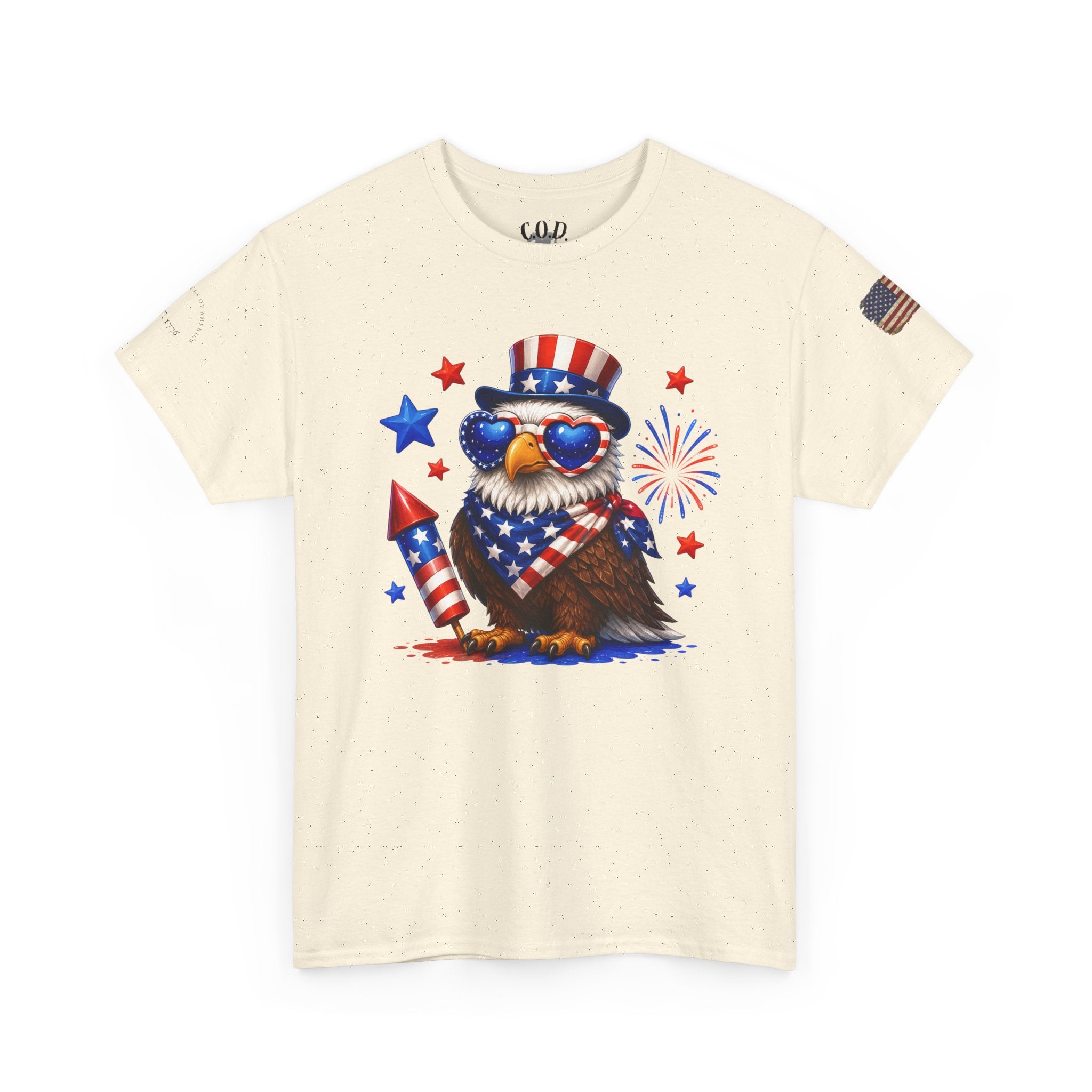 Patriotic Eagle Tee — 4th of July Uncle Sam Hat & Firework Graphic