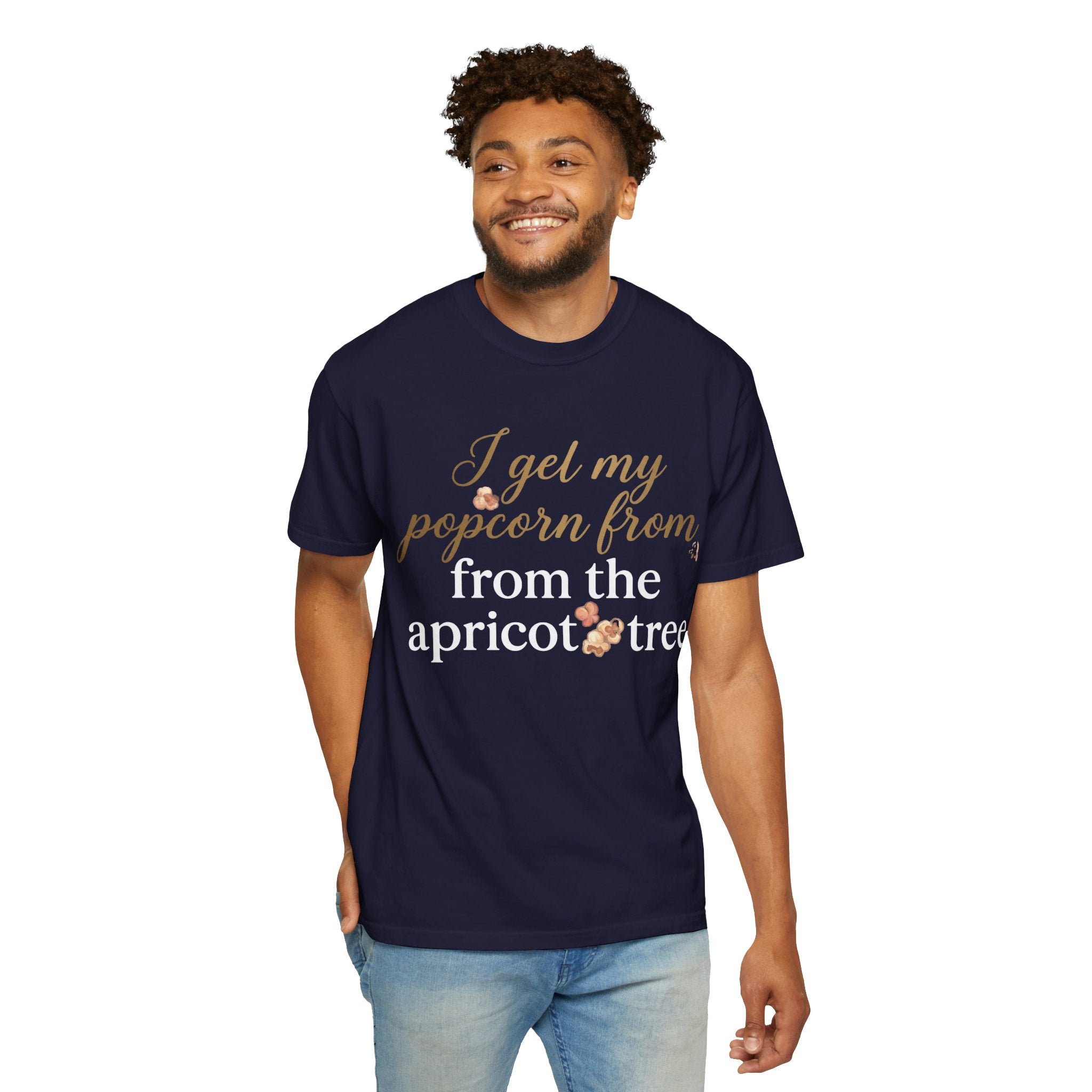 T-Shirt — “I Get My Popcorn From The Apricot Tree” Script Graphic Tee | Hymns | LDS |