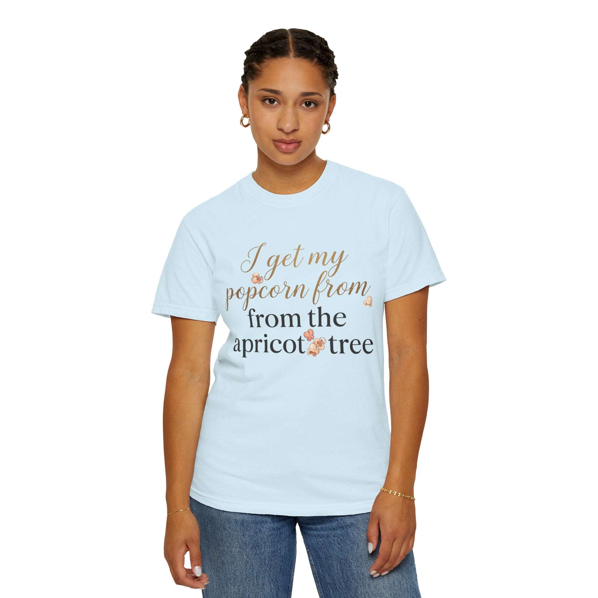 T-Shirt — “I Get My Popcorn From The Apricot Tree” Script Graphic Tee | Hymns | LDS |