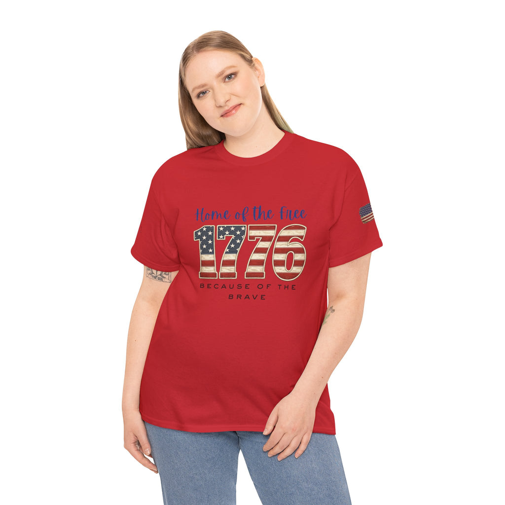 1776 American Flag Tee — "Home of the Free, Because of the Brave" Patriotic T-Shirt