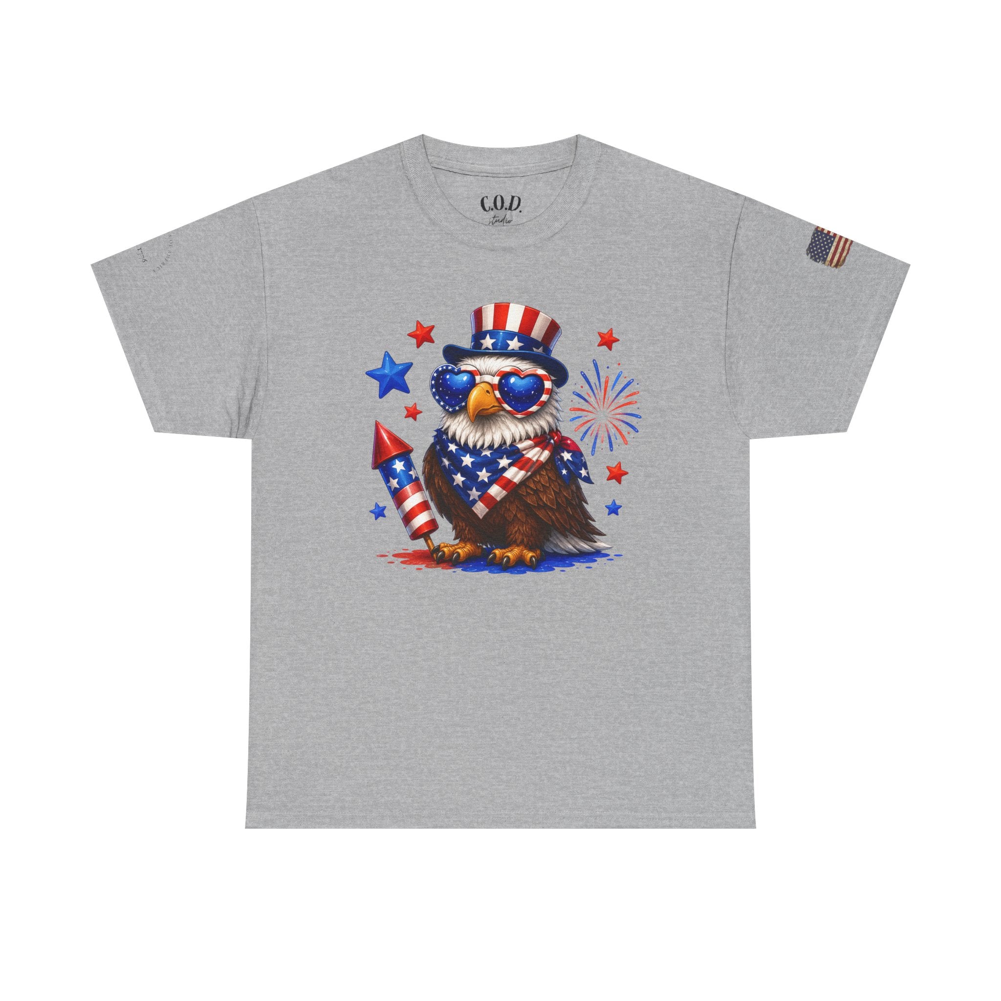 Patriotic Eagle Tee — 4th of July Uncle Sam Hat & Firework Graphic