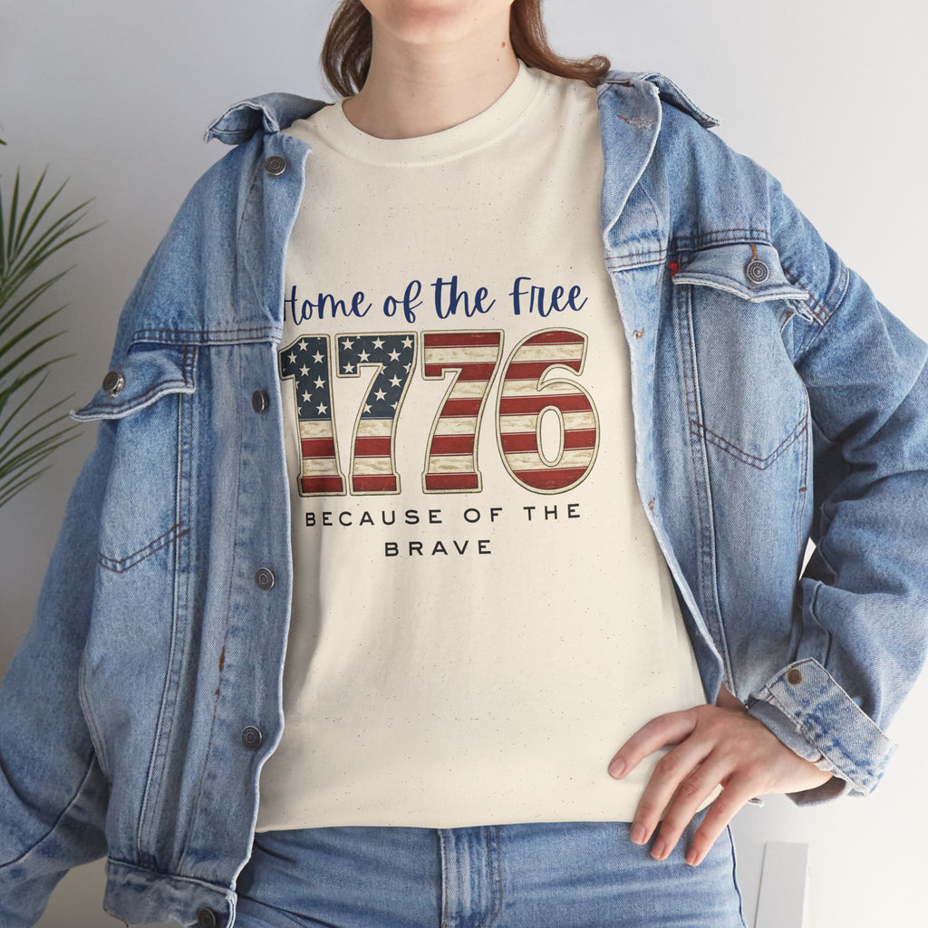 1776 American Flag Tee — "Home of the Free, Because of the Brave" Patriotic T-Shirt