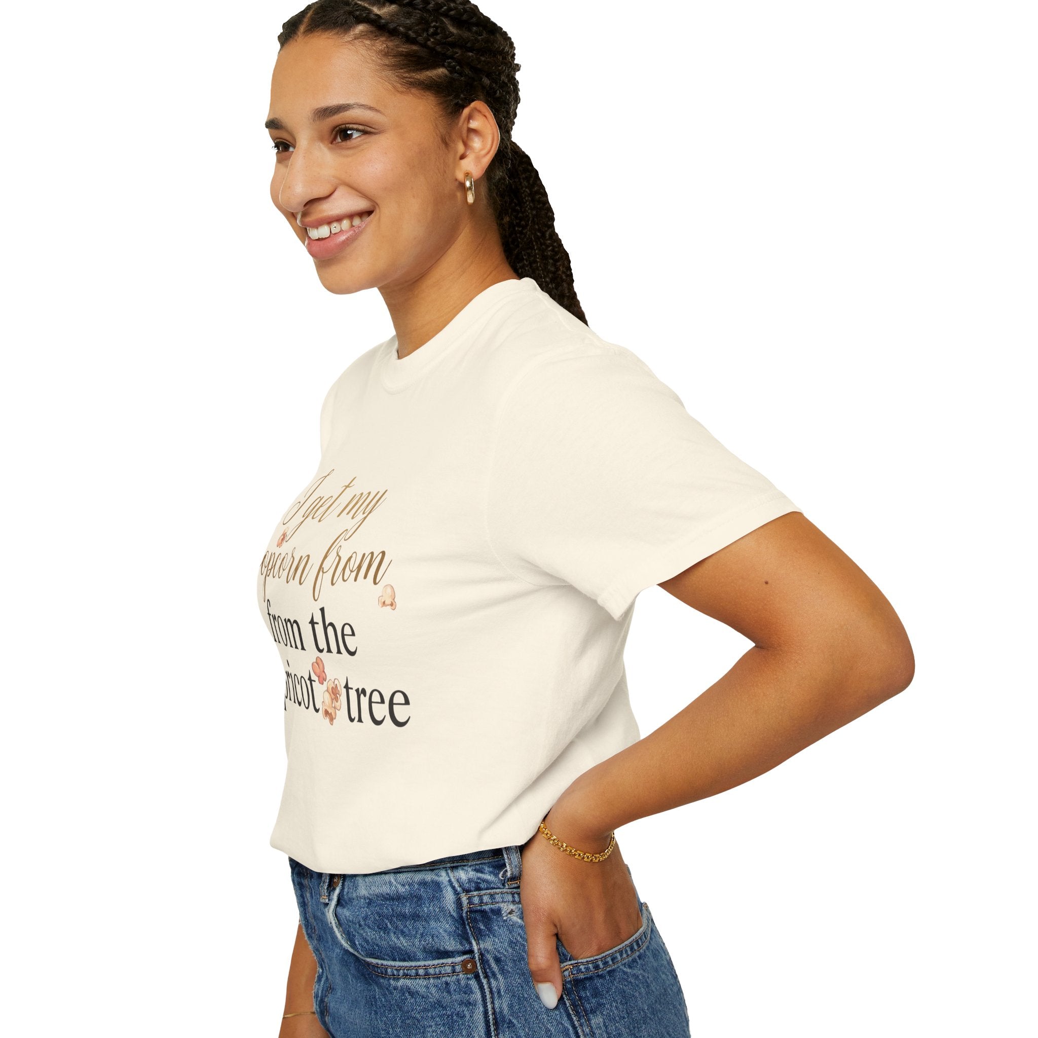 T-Shirt — “I Get My Popcorn From The Apricot Tree” Script Graphic Tee | Hymns | LDS |