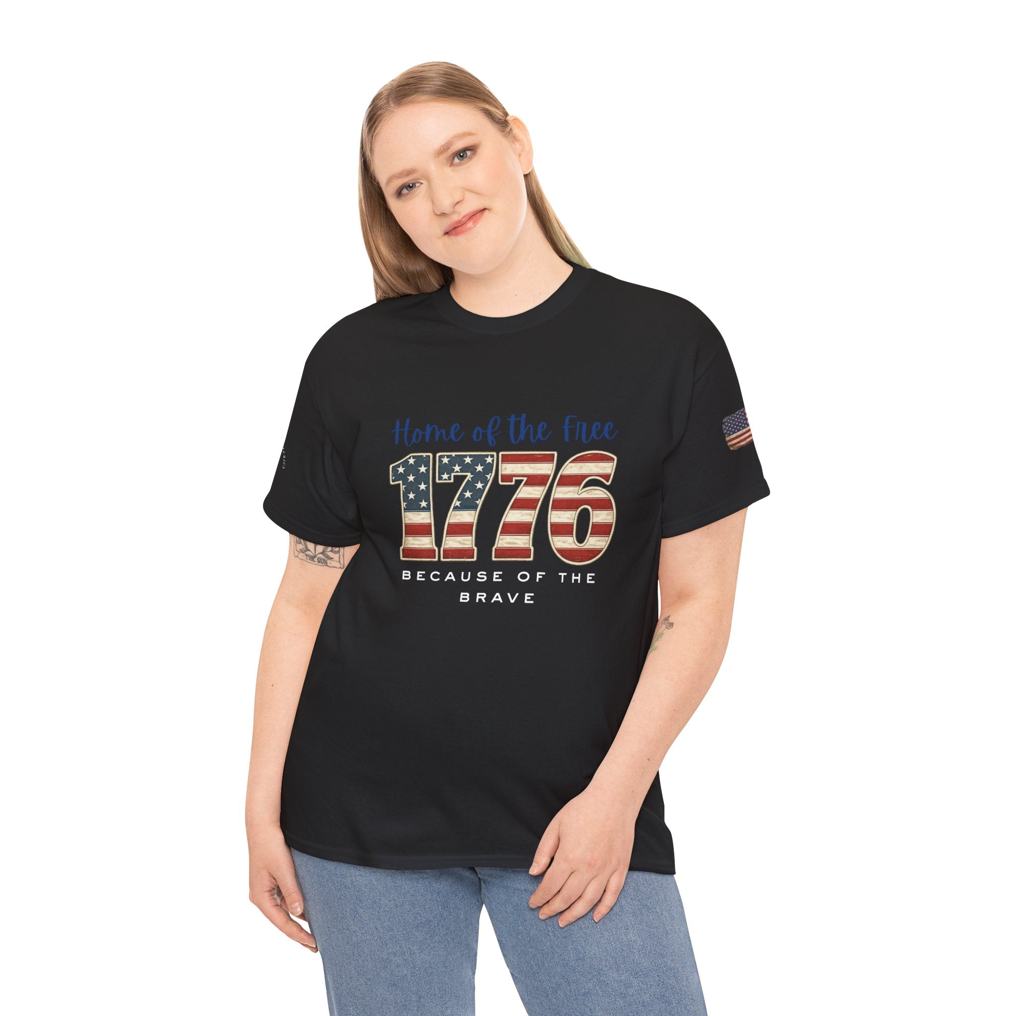 1776 American Flag Tee — "Home of the Free, Because of the Brave" Patriotic T-Shirt
