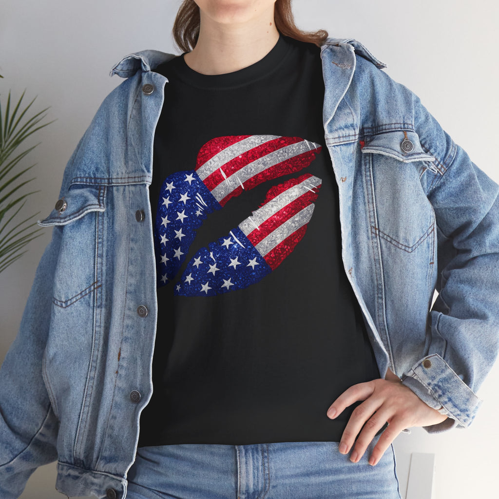 American Flag Kiss T‑Shirt – Patriotic USA Lip Print Tee for 4th of July