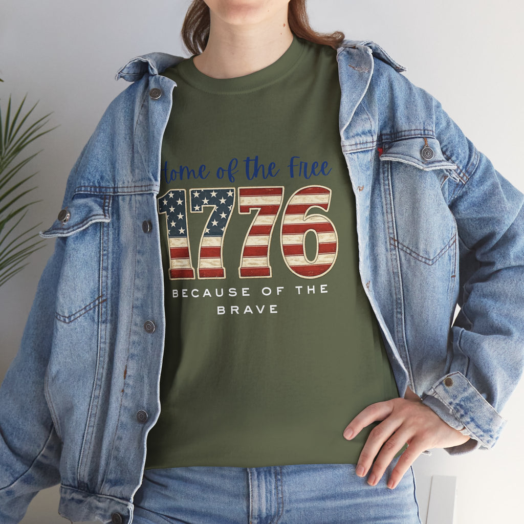 1776 American Flag Tee — "Home of the Free, Because of the Brave" Patriotic T-Shirt
