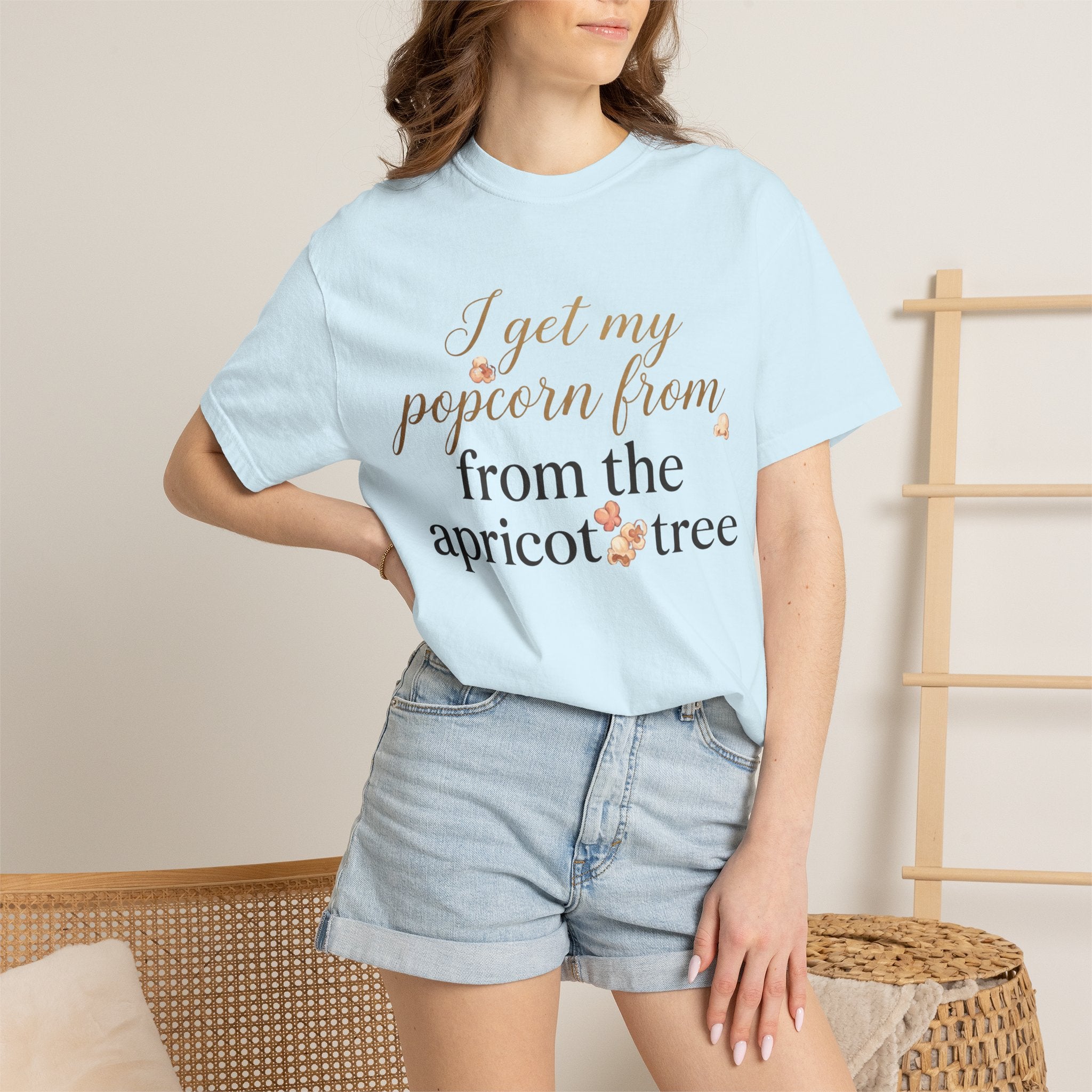 T-Shirt — “I Get My Popcorn From The Apricot Tree” Script Graphic Tee | Hymns | LDS |