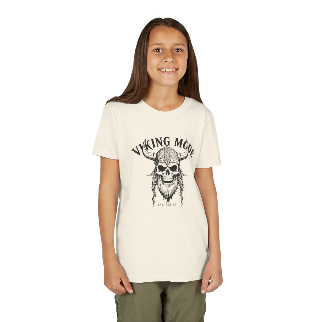 Viking Mode Youth T‑Shirt — Skull Horned Helmet Graphic Tee for Kids