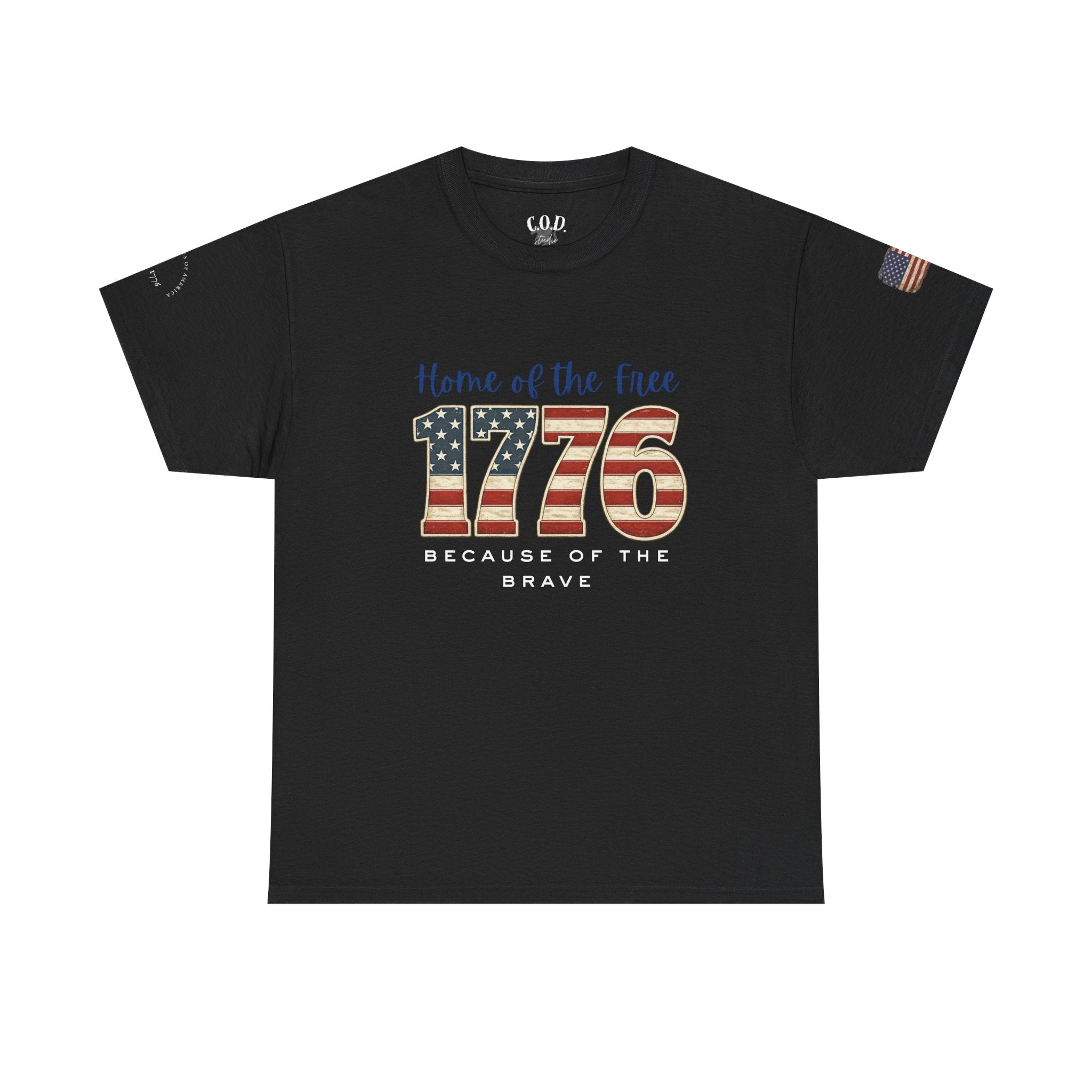 1776 American Flag Tee — "Home of the Free, Because of the Brave" Patriotic T-Shirt