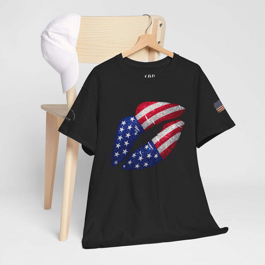 American Flag Kiss T‑Shirt – Patriotic USA Lip Print Tee for 4th of July
