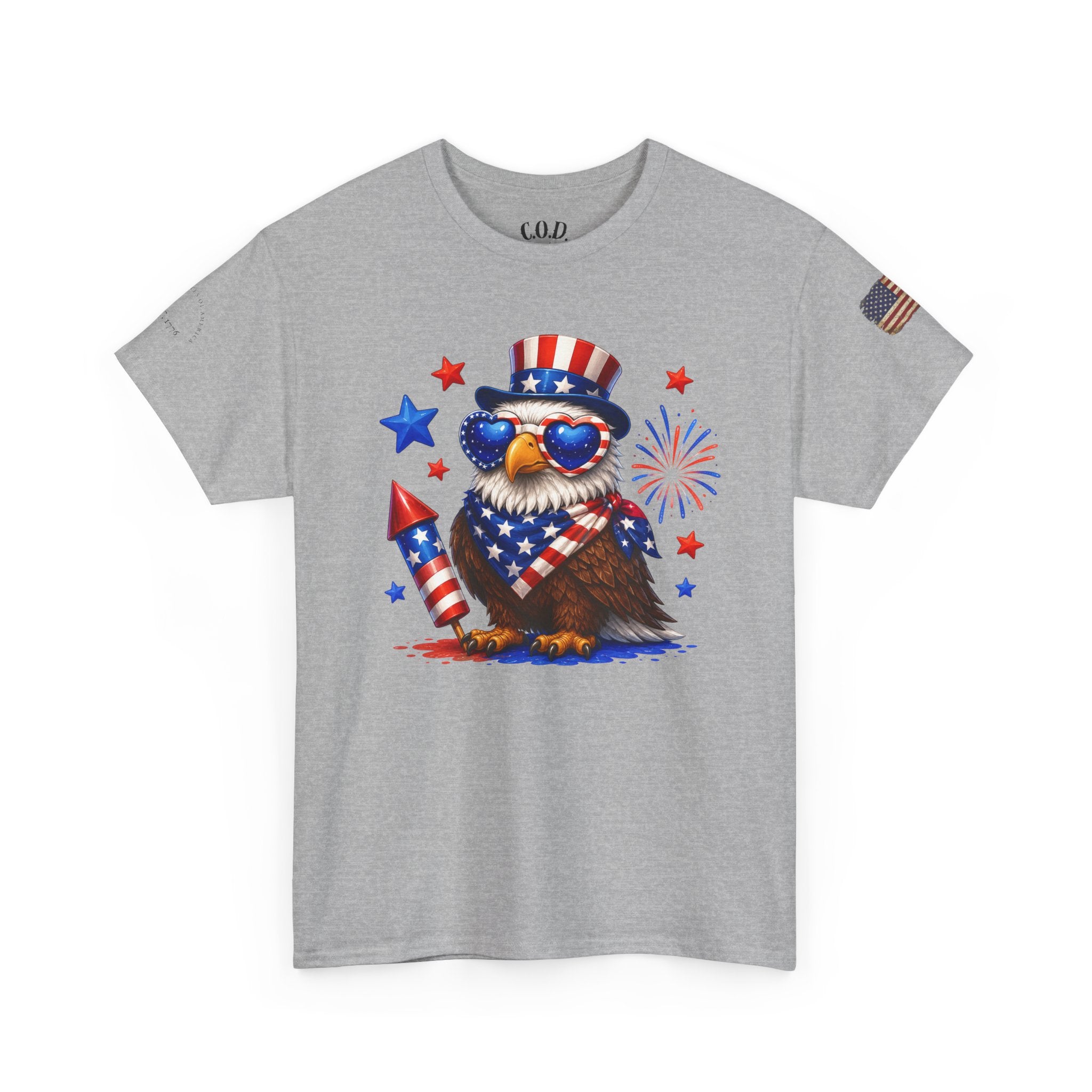 Patriotic Eagle Tee — 4th of July Uncle Sam Hat & Firework Graphic