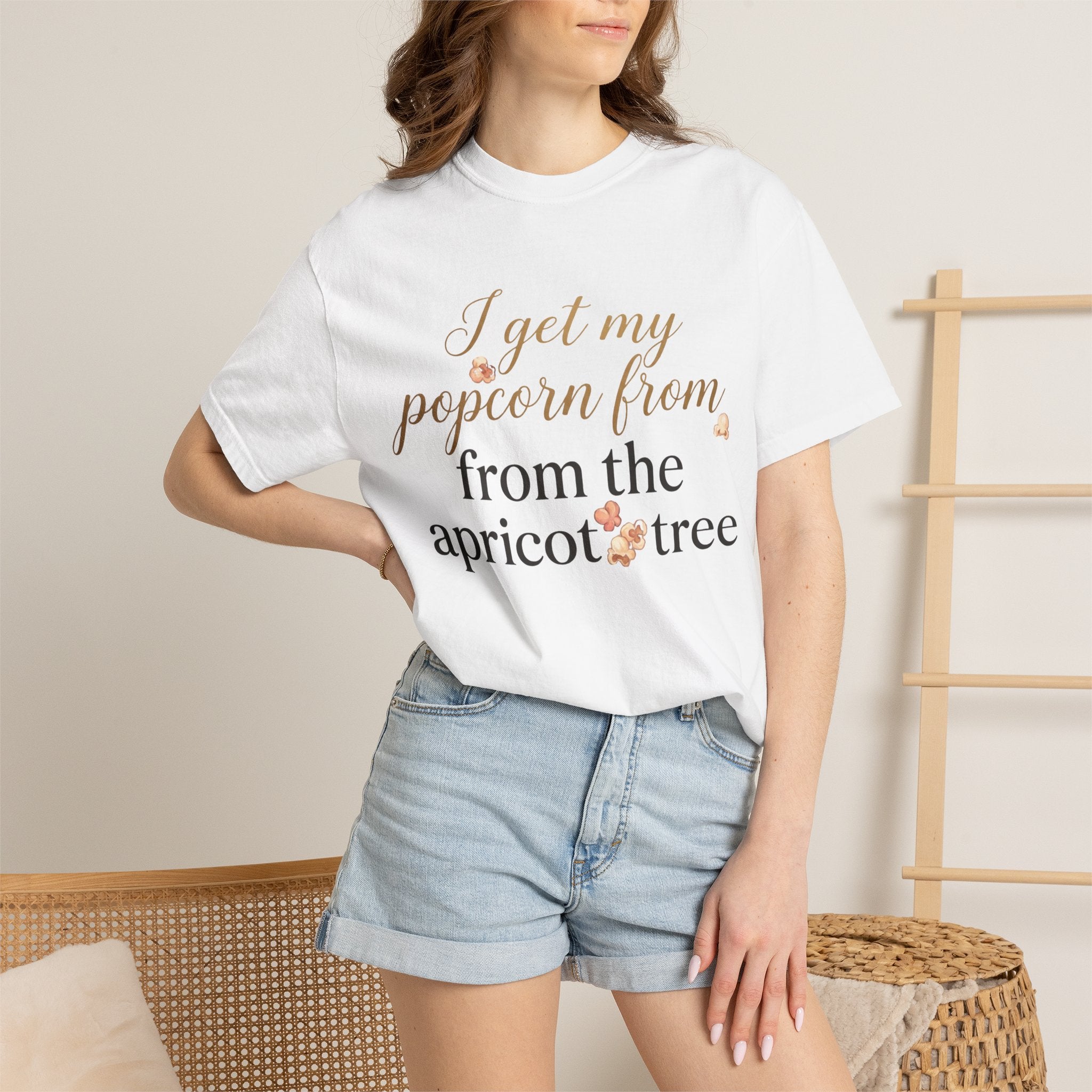 T-Shirt — “I Get My Popcorn From The Apricot Tree” Script Graphic Tee | Hymns | LDS |