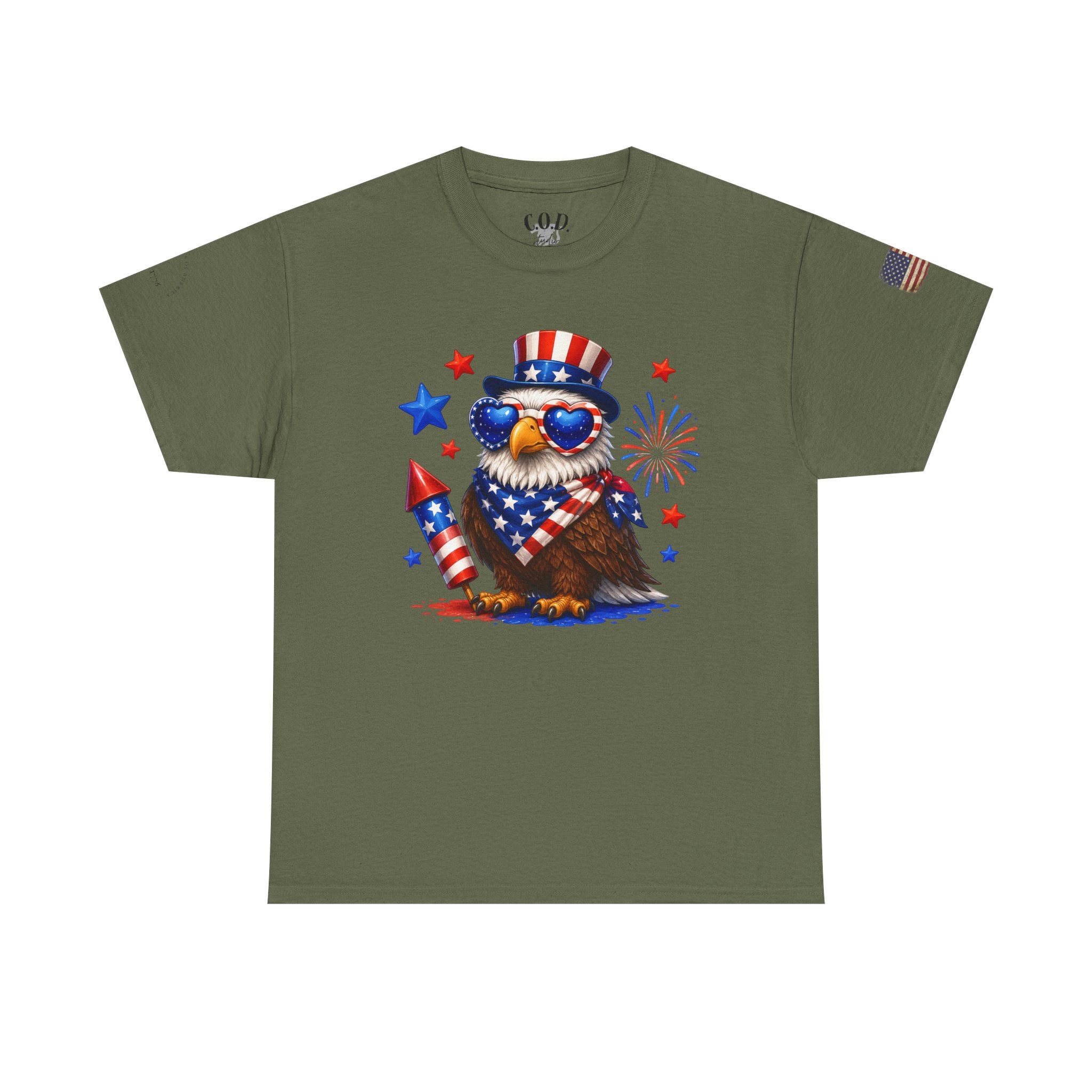 Patriotic Eagle Tee — 4th of July Uncle Sam Hat & Firework Graphic