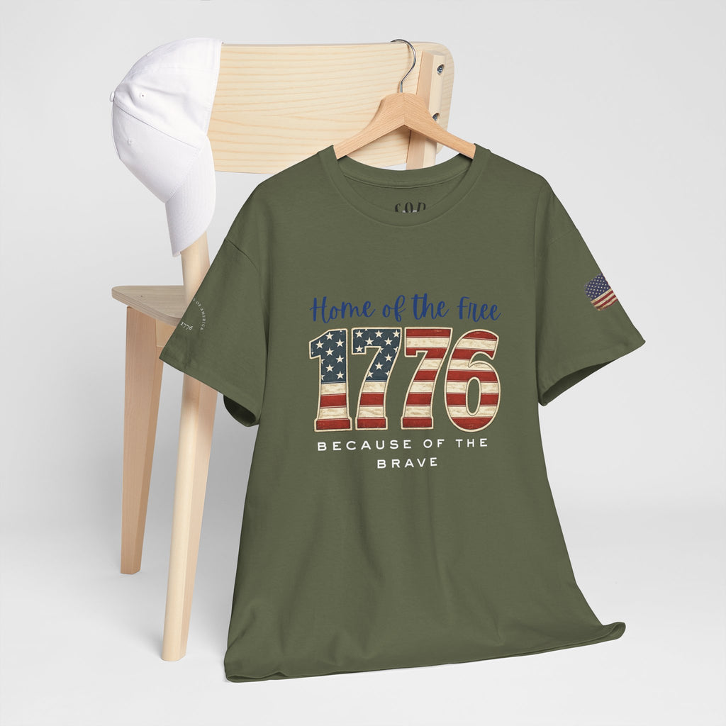 1776 American Flag Tee — "Home of the Free, Because of the Brave" Patriotic T-Shirt