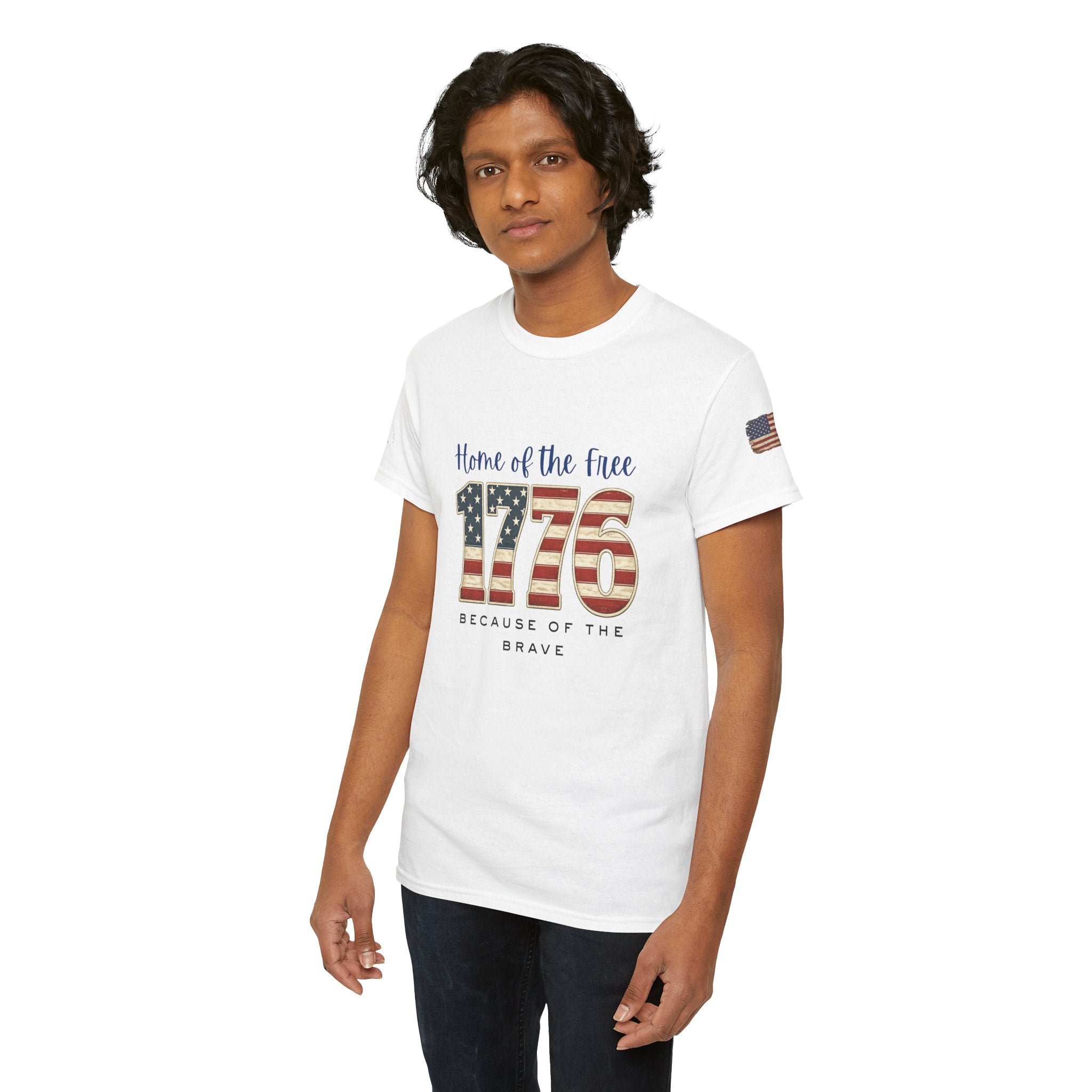 1776 American Flag Tee — "Home of the Free, Because of the Brave" Patriotic T-Shirt