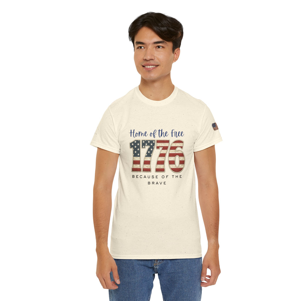 1776 American Flag Tee — "Home of the Free, Because of the Brave" Patriotic T-Shirt