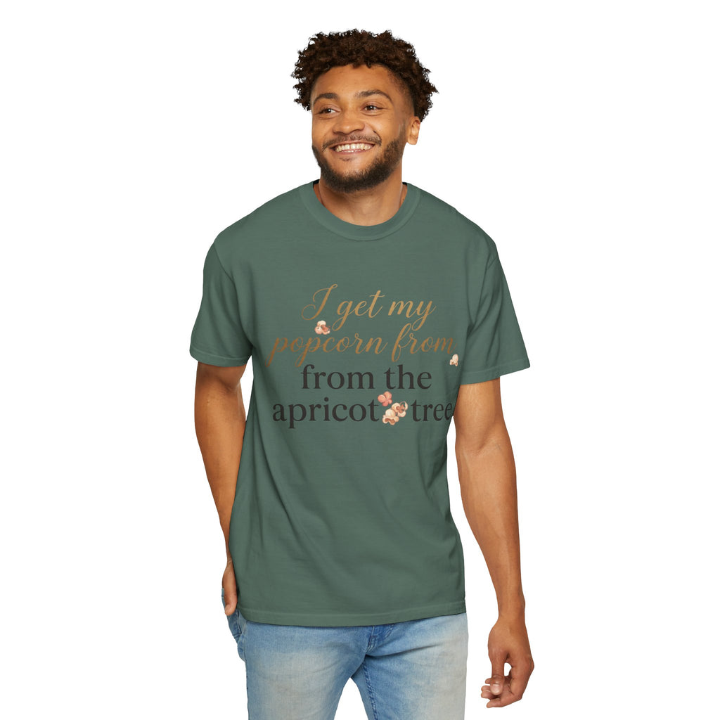 T-Shirt — “I Get My Popcorn From The Apricot Tree” Script Graphic Tee | Hymns | LDS |