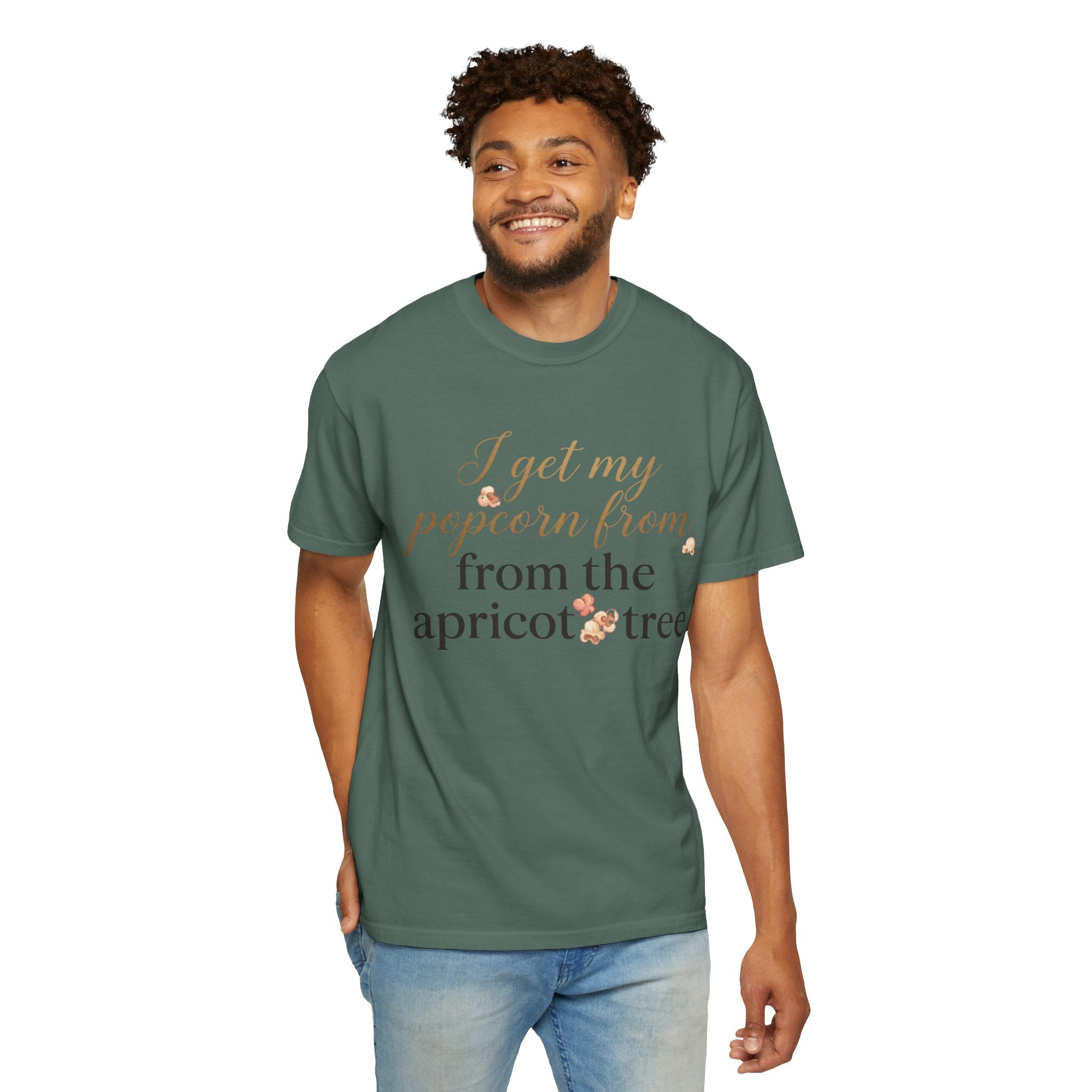 T-Shirt — “I Get My Popcorn From The Apricot Tree” Script Graphic Tee | Hymns | LDS |