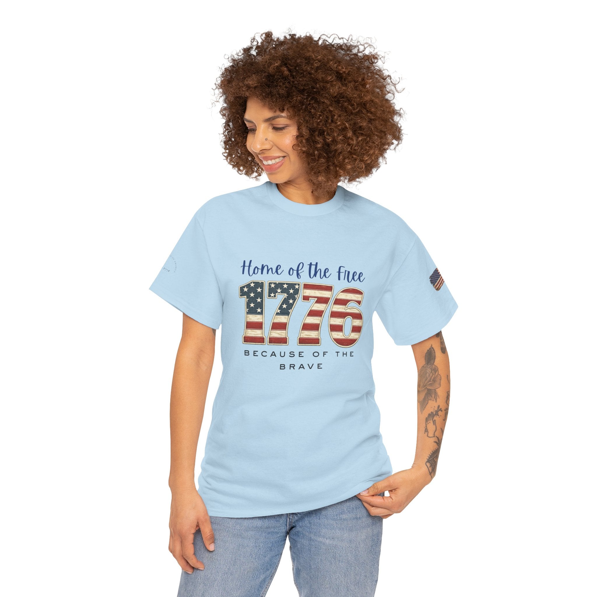 1776 American Flag Tee — "Home of the Free, Because of the Brave" Patriotic T-Shirt