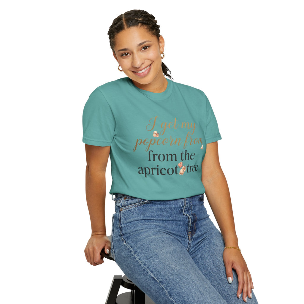 T-Shirt — “I Get My Popcorn From The Apricot Tree” Script Graphic Tee | Hymns | LDS |
