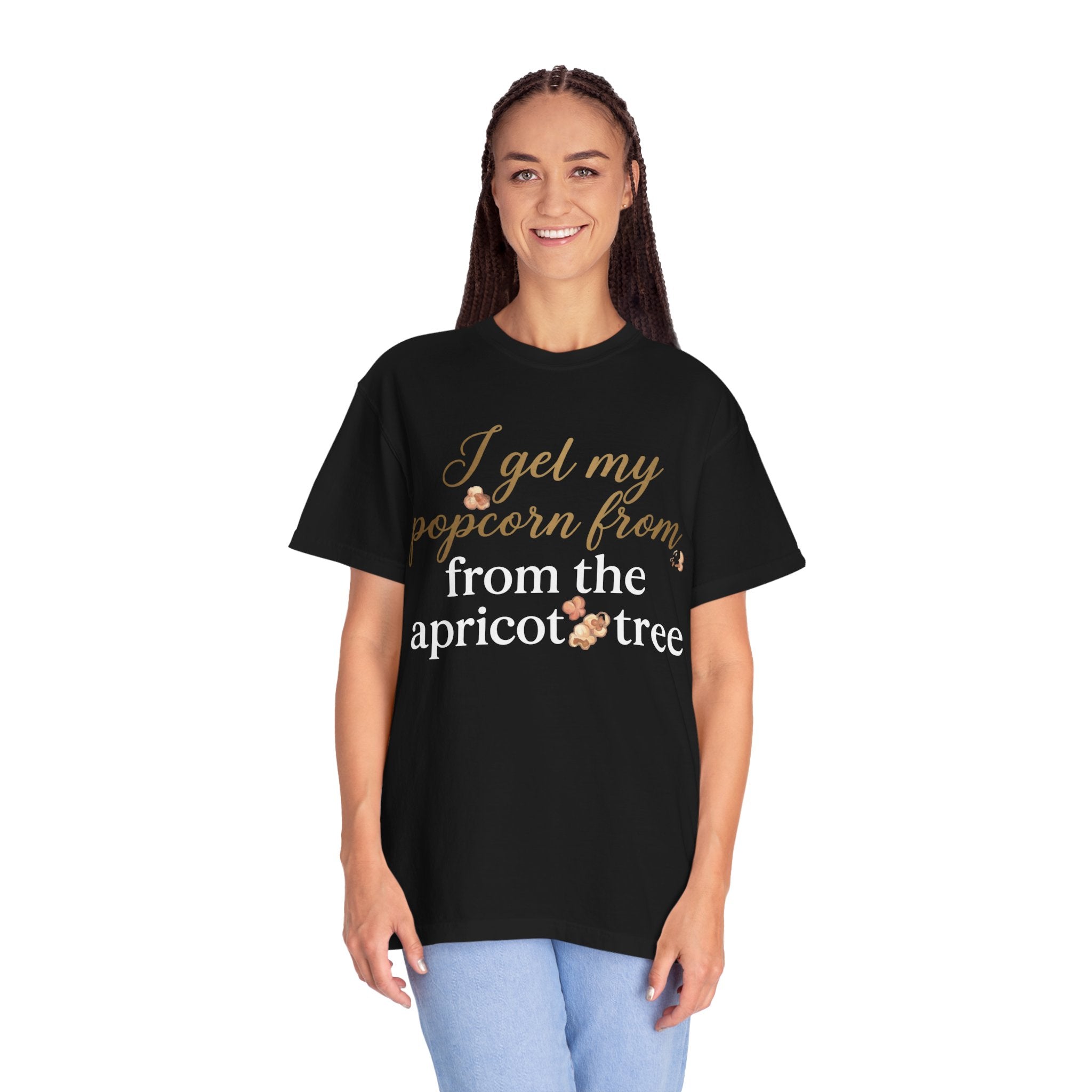 T-Shirt — “I Get My Popcorn From The Apricot Tree” Script Graphic Tee | Hymns | LDS |