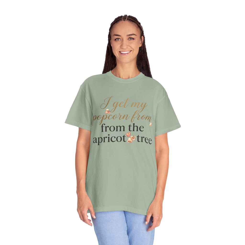 T-Shirt — “I Get My Popcorn From The Apricot Tree” Script Graphic Tee | Hymns | LDS |