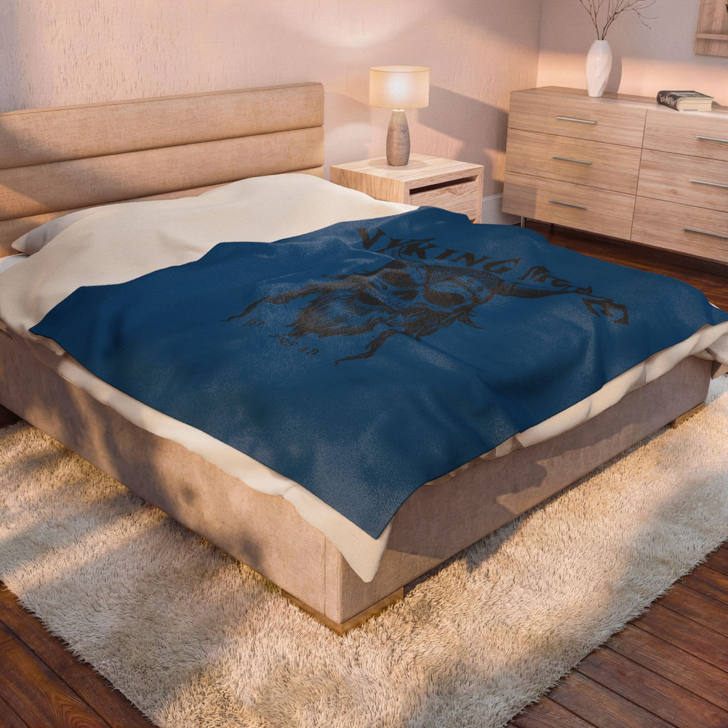 Viking Mode Skull with Horned Helmet Velveteen Blanket | Norse Warrior Design
