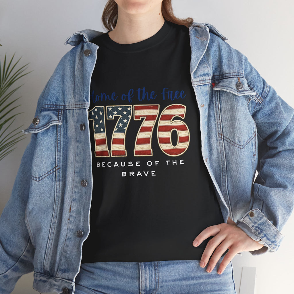 1776 American Flag Tee — "Home of the Free, Because of the Brave" Patriotic T-Shirt