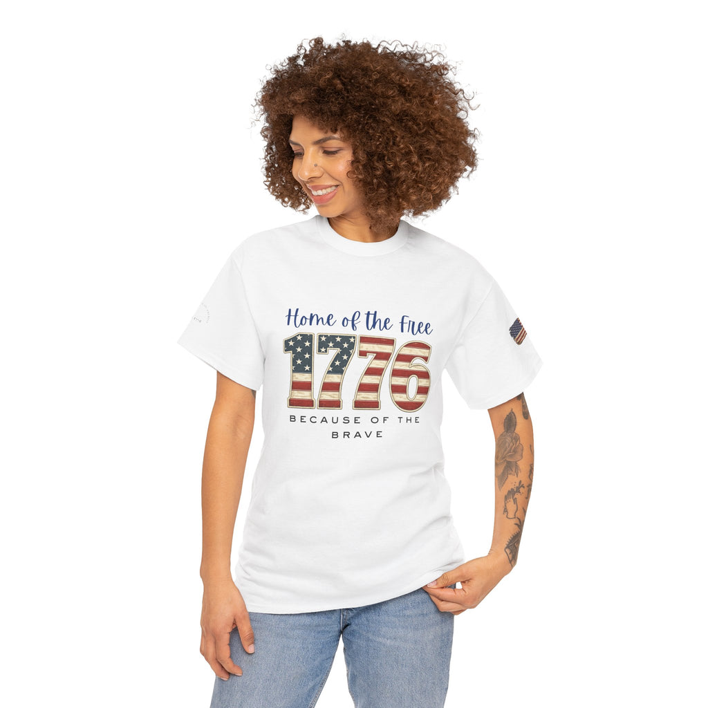 1776 American Flag Tee — "Home of the Free, Because of the Brave" Patriotic T-Shirt