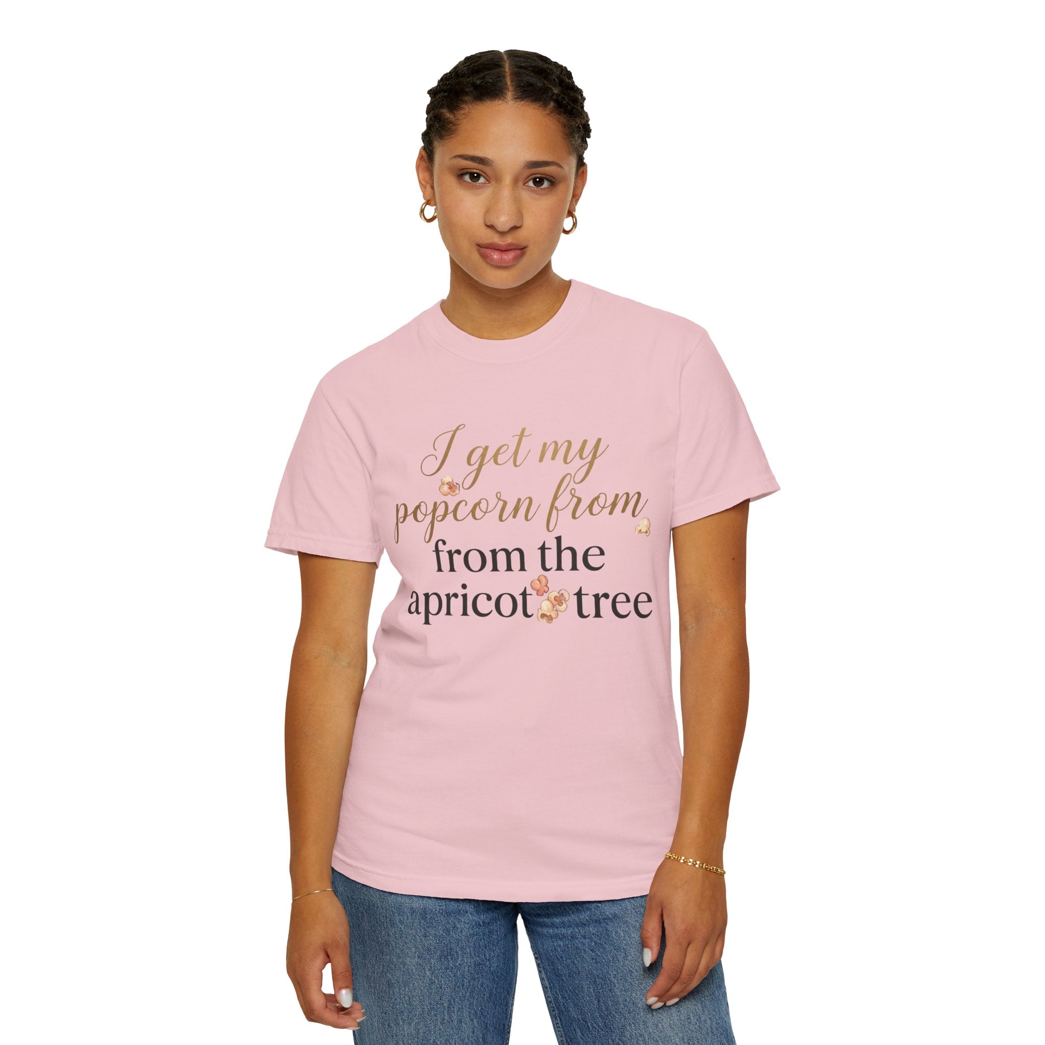 T-Shirt — “I Get My Popcorn From The Apricot Tree” Script Graphic Tee | Hymns | LDS |