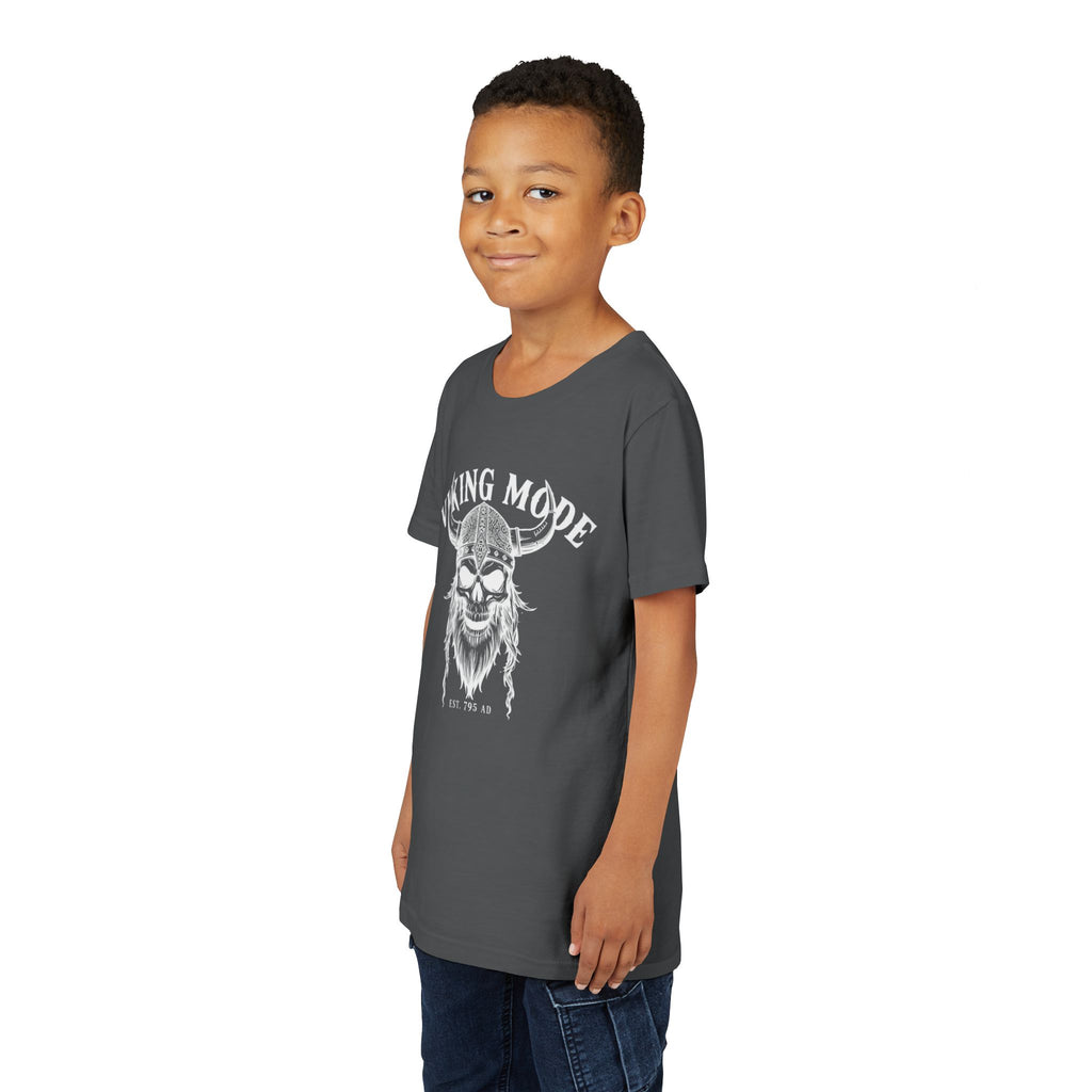 Viking Mode Youth T‑Shirt — Skull Horned Helmet Graphic Tee for Kids