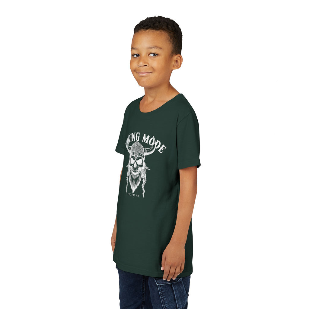 Viking Mode Youth T‑Shirt — Skull Horned Helmet Graphic Tee for Kids