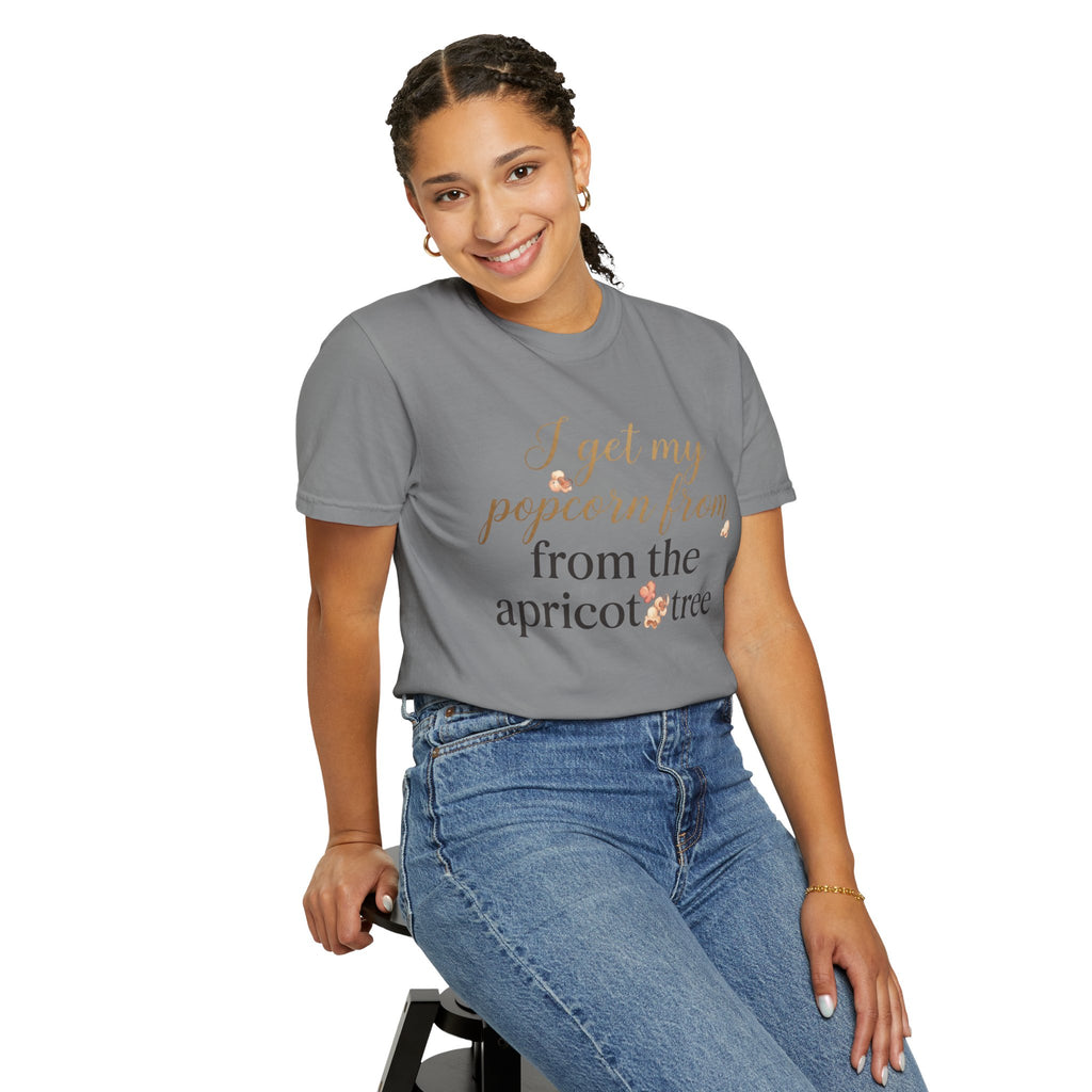 T-Shirt — “I Get My Popcorn From The Apricot Tree” Script Graphic Tee | Hymns | LDS |