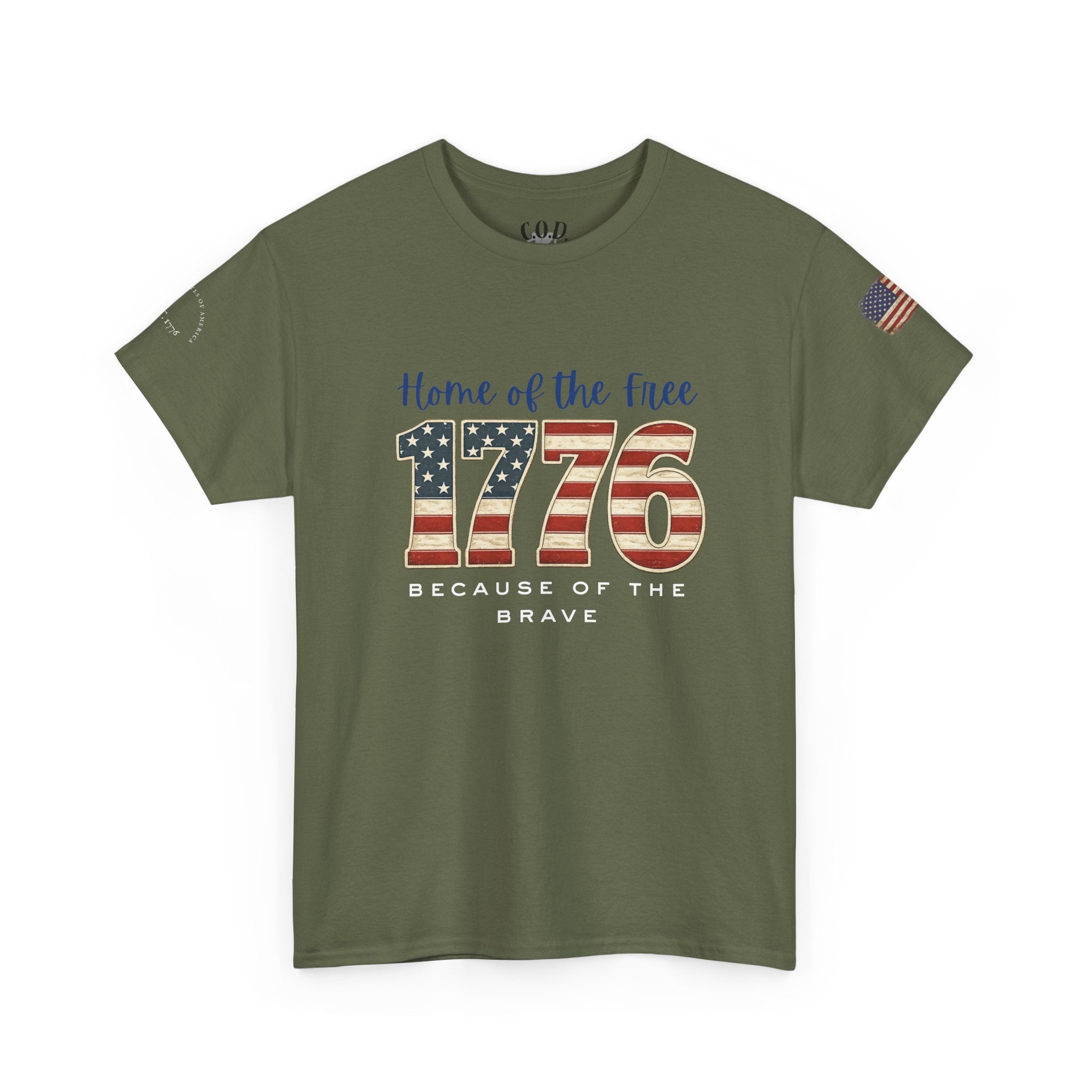 1776 American Flag Tee — "Home of the Free, Because of the Brave" Patriotic T-Shirt