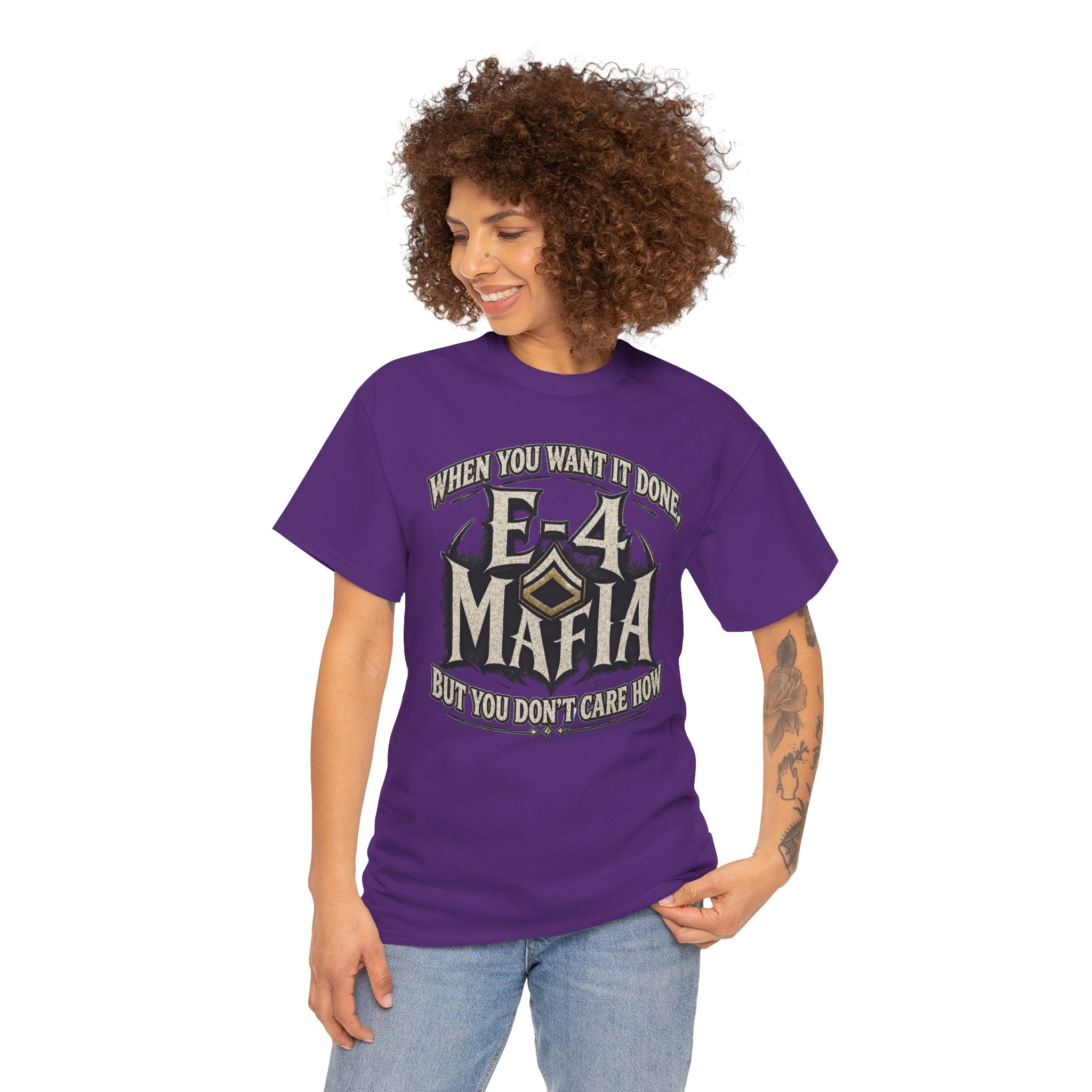 T-Shirt — "E-4 Mafia" Graphic Tee: "When You Want It Done, But You Don’t Care How" Vintage-Style Food Humor