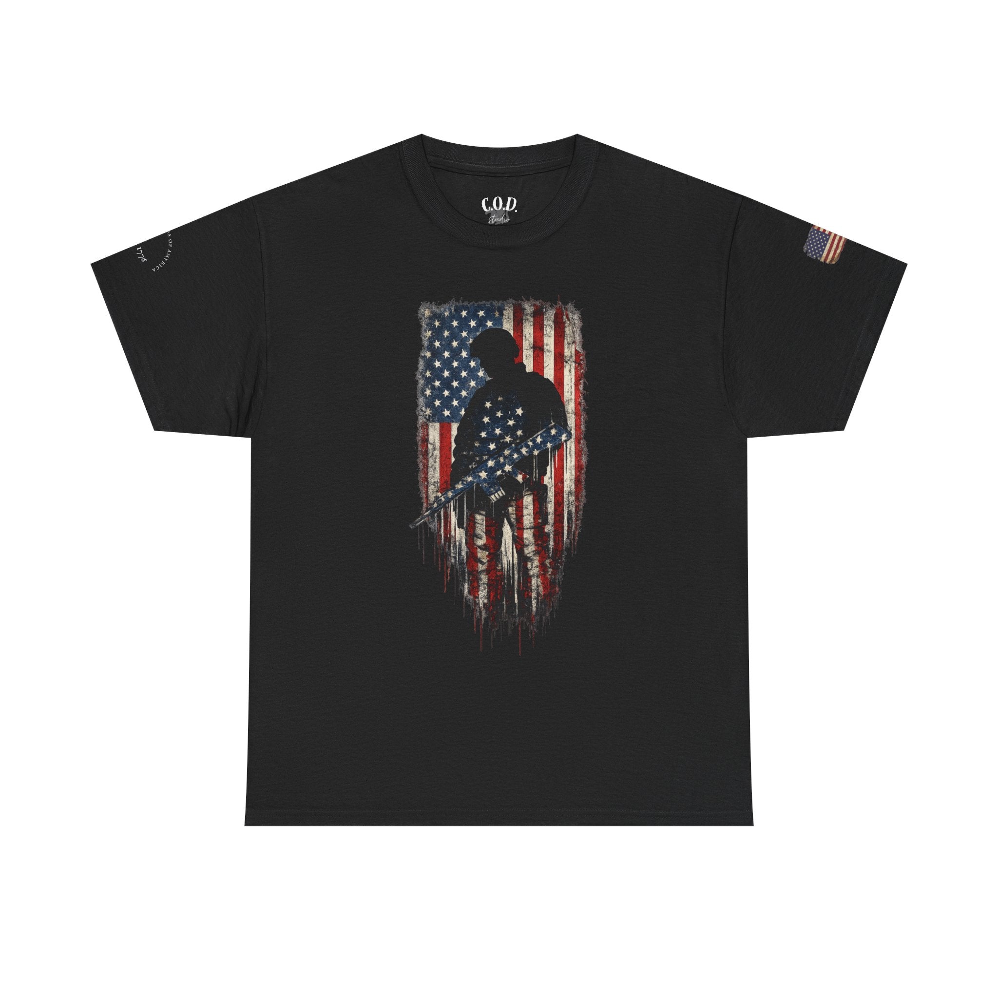 Patriotic Soldier Silhouette Tee — American Flag Military Veteran T-Shirt