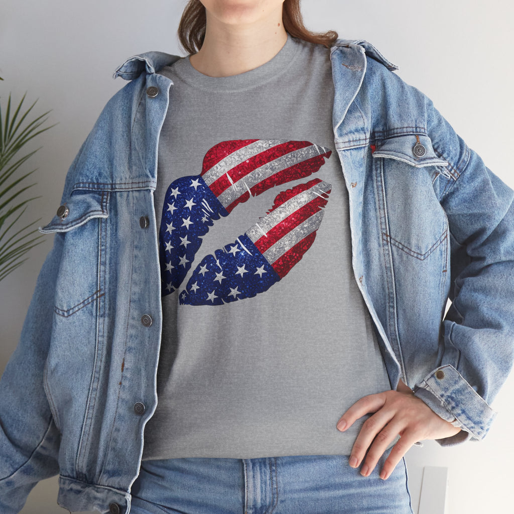American Flag Kiss T‑Shirt – Patriotic USA Lip Print Tee for 4th of July