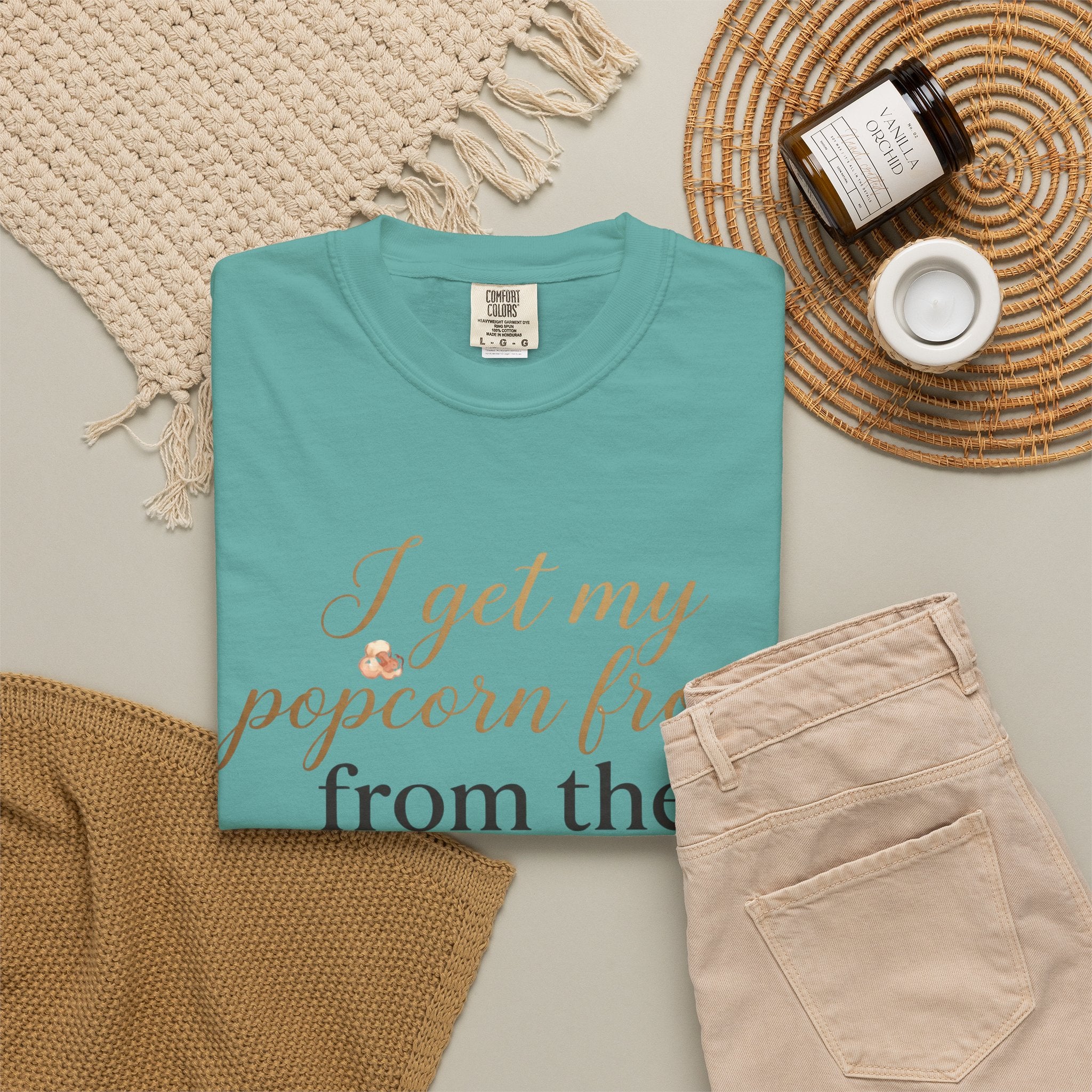 T-Shirt — “I Get My Popcorn From The Apricot Tree” Script Graphic Tee | Hymns | LDS |