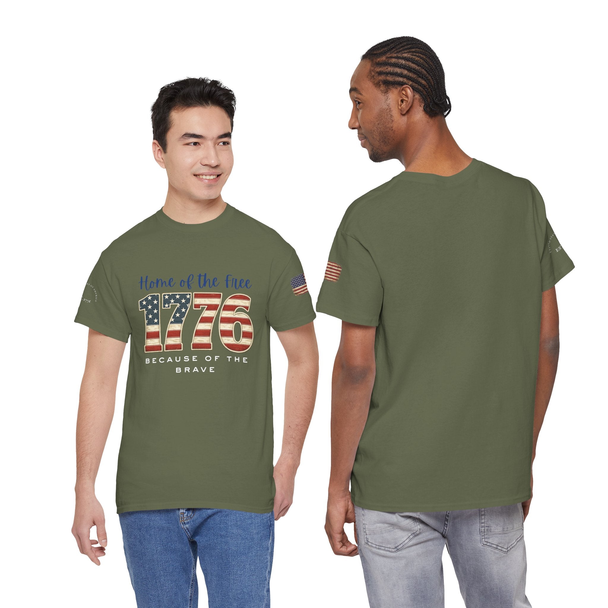 1776 American Flag Tee — "Home of the Free, Because of the Brave" Patriotic T-Shirt
