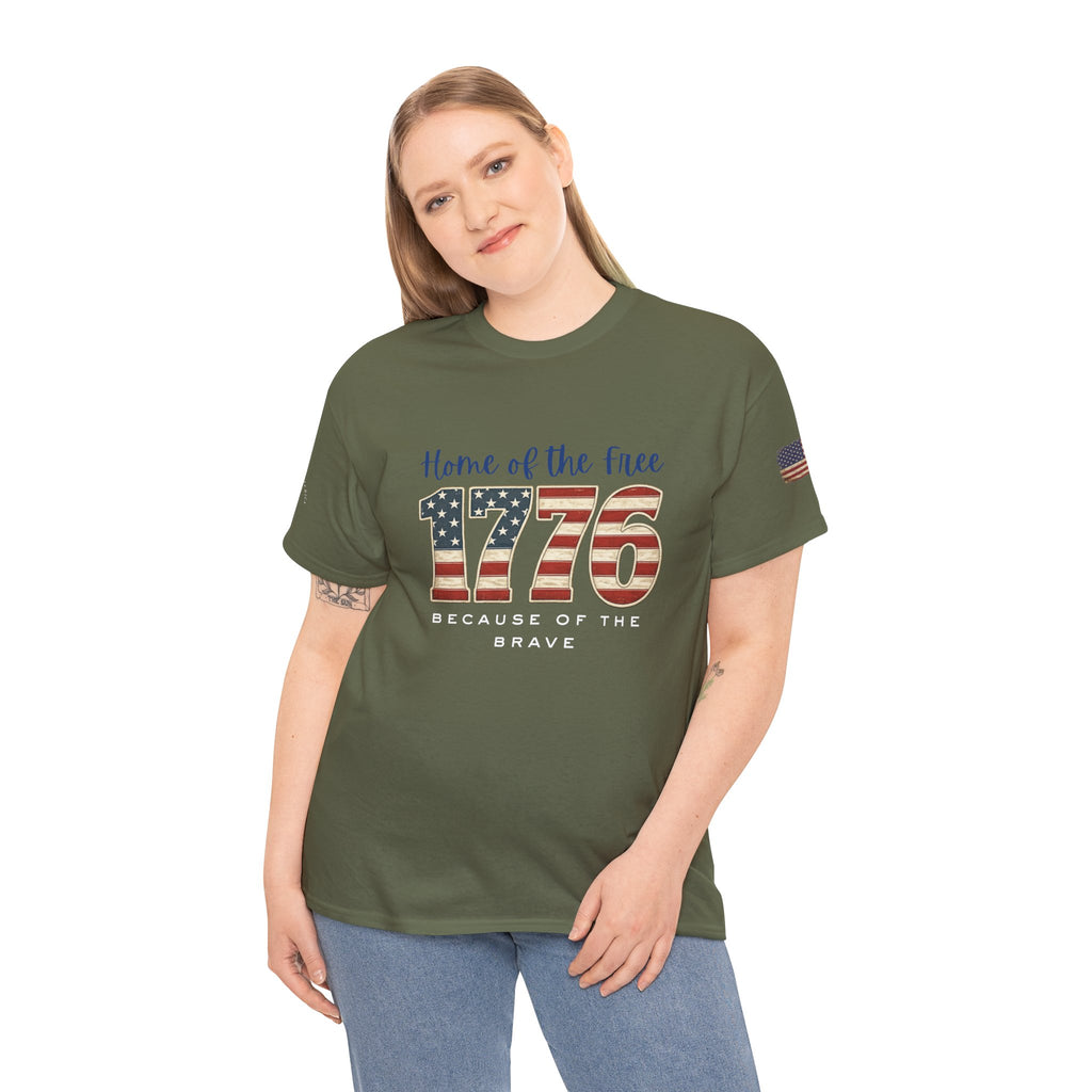 1776 American Flag Tee — "Home of the Free, Because of the Brave" Patriotic T-Shirt
