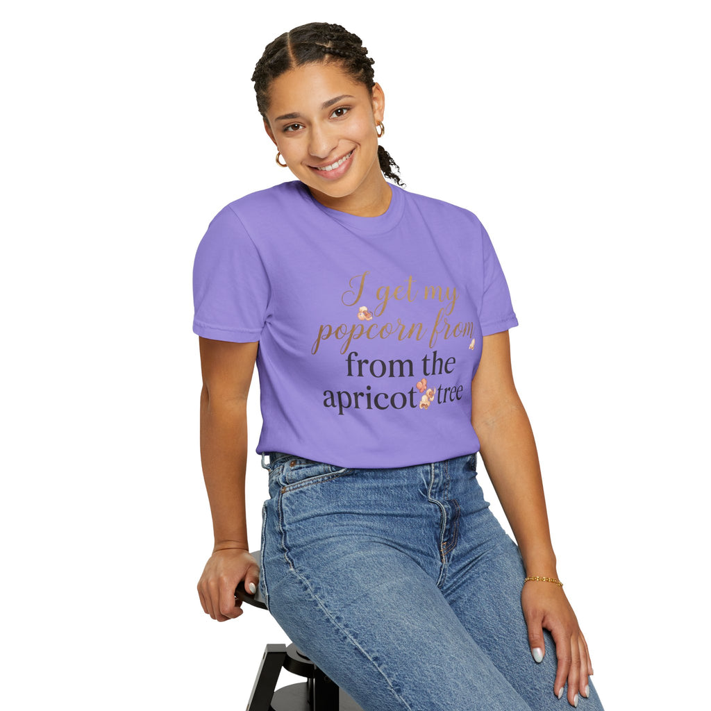 T-Shirt — “I Get My Popcorn From The Apricot Tree” Script Graphic Tee | Hymns | LDS |