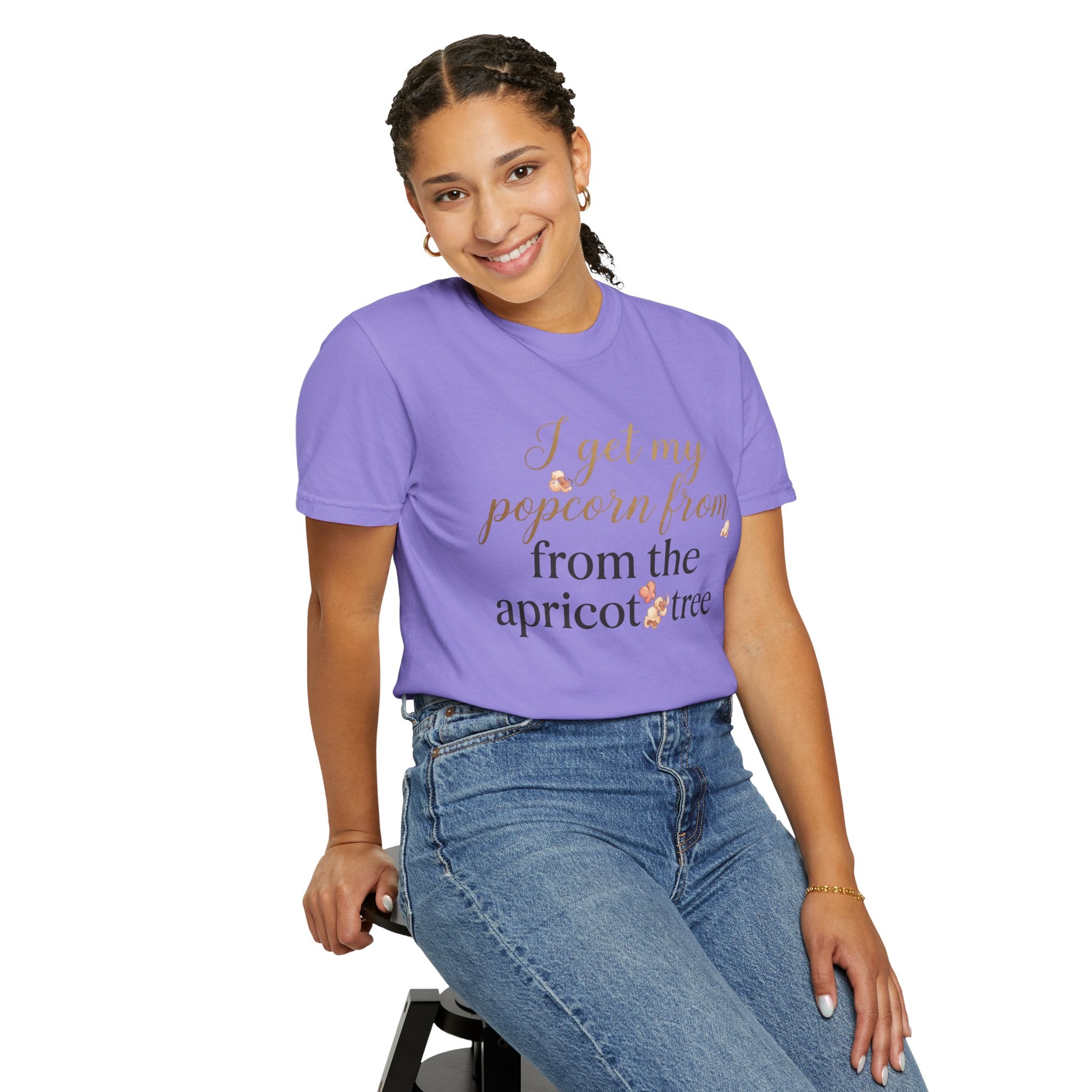 T-Shirt — “I Get My Popcorn From The Apricot Tree” Script Graphic Tee | Hymns | LDS |
