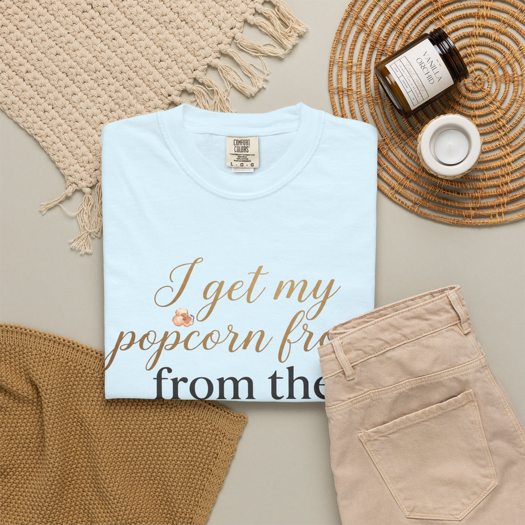 T-Shirt — “I Get My Popcorn From The Apricot Tree” Script Graphic Tee | Hymns | LDS |