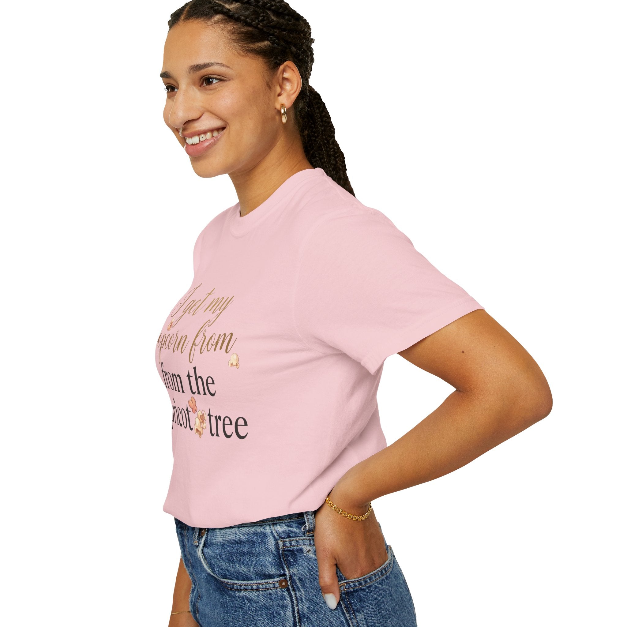 T-Shirt — “I Get My Popcorn From The Apricot Tree” Script Graphic Tee | Hymns | LDS |
