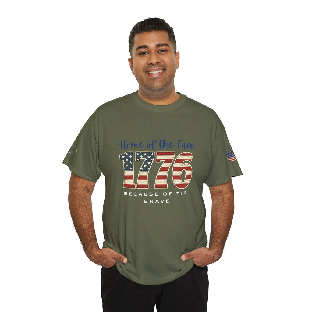 1776 American Flag Tee — "Home of the Free, Because of the Brave" Patriotic T-Shirt