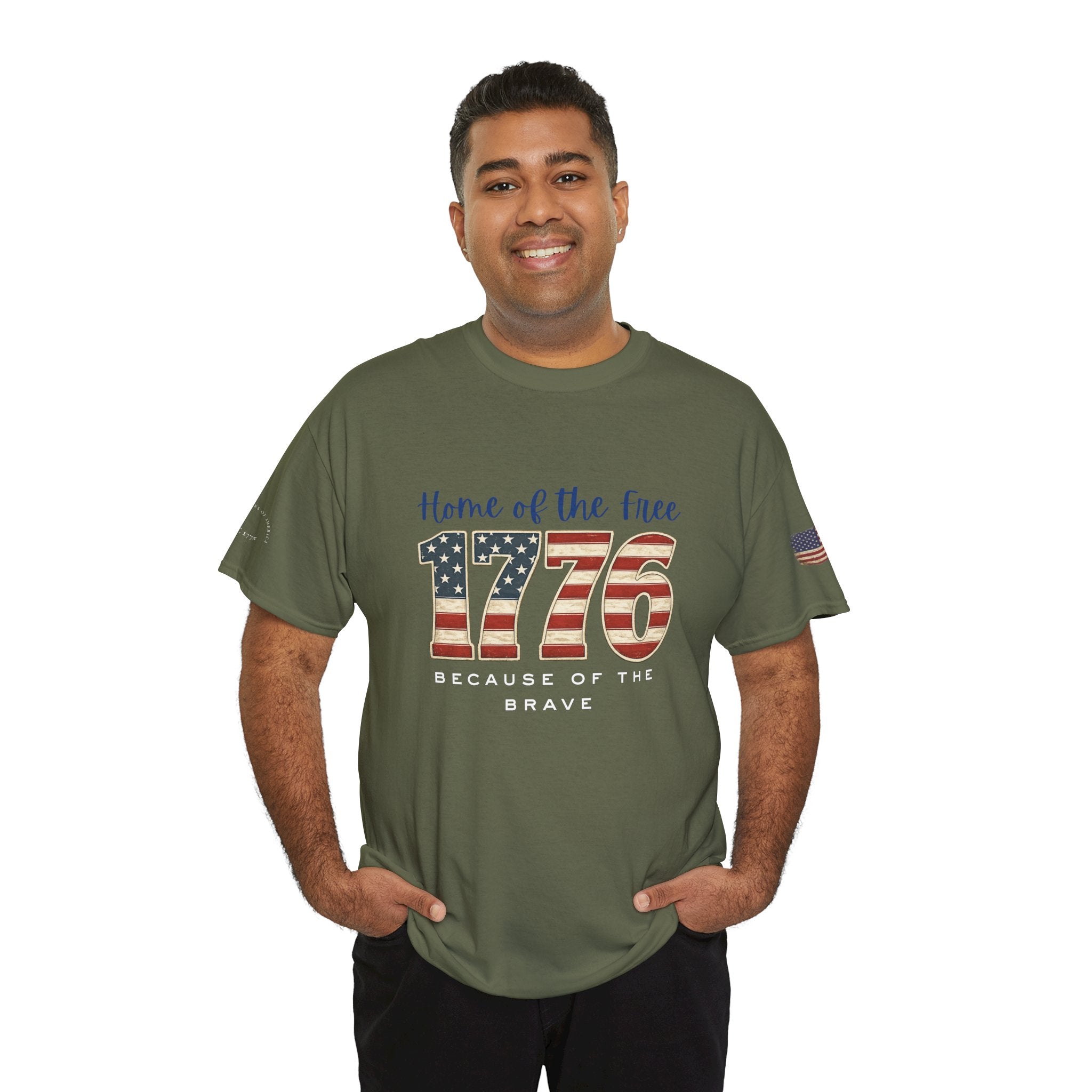 1776 American Flag Tee — "Home of the Free, Because of the Brave" Patriotic T-Shirt